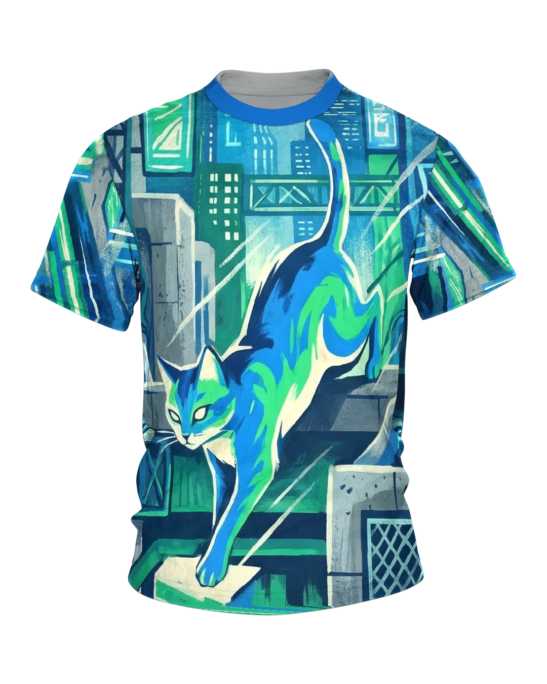 Cyberpunk Katze T-Shirt: Streunerin über den Dächern der Neon-Stadt