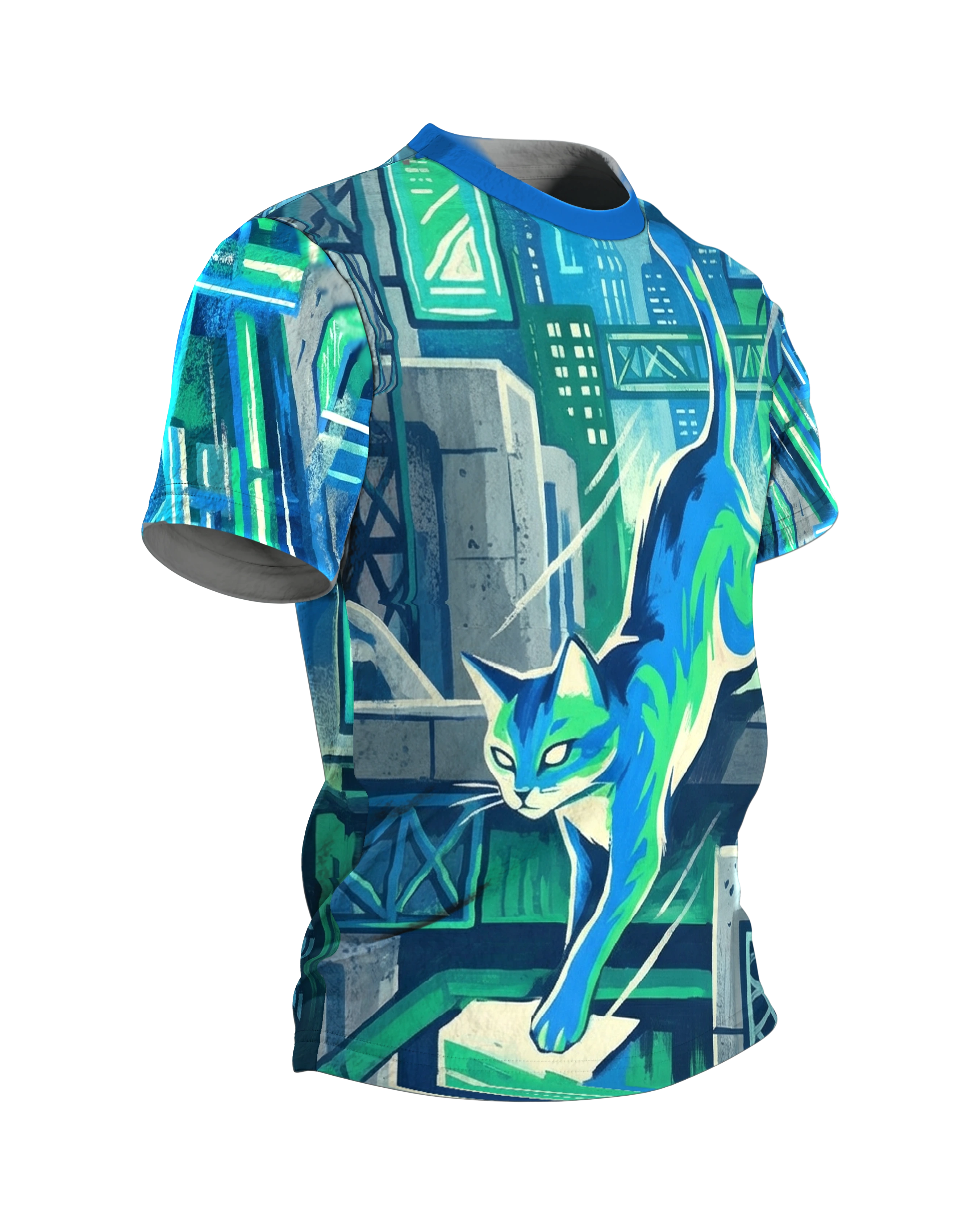 Cyberpunk Katze T-Shirt: Streunerin über den Dächern der Neon-Stadt, Seitenansicht links