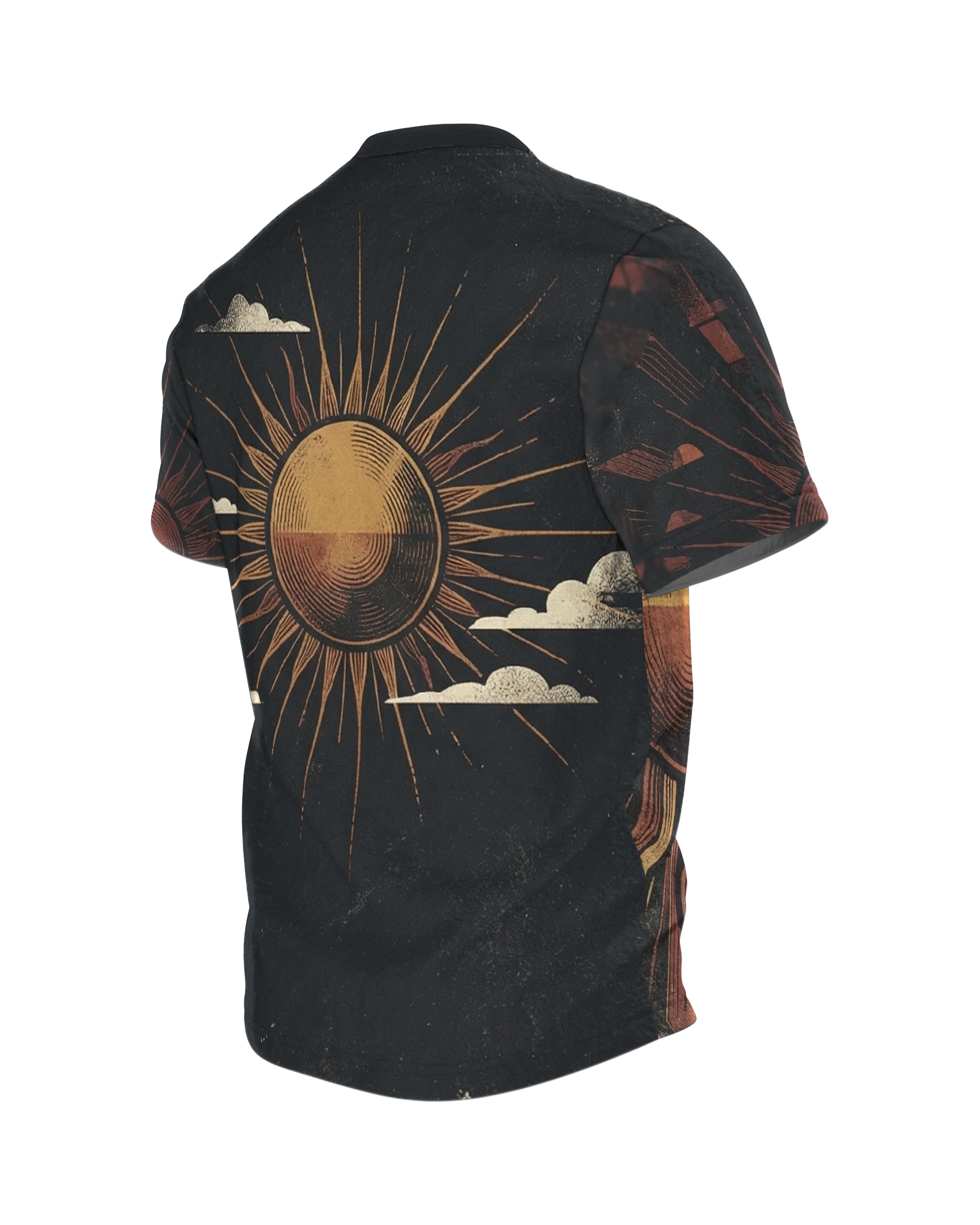 70s Sunset T-Shirt, geteilte Sonnenscheibe mit Wellenstrahlen über gebautem Abendhimmel, Strahlenkranz am Rücken, Rückseite schräg links