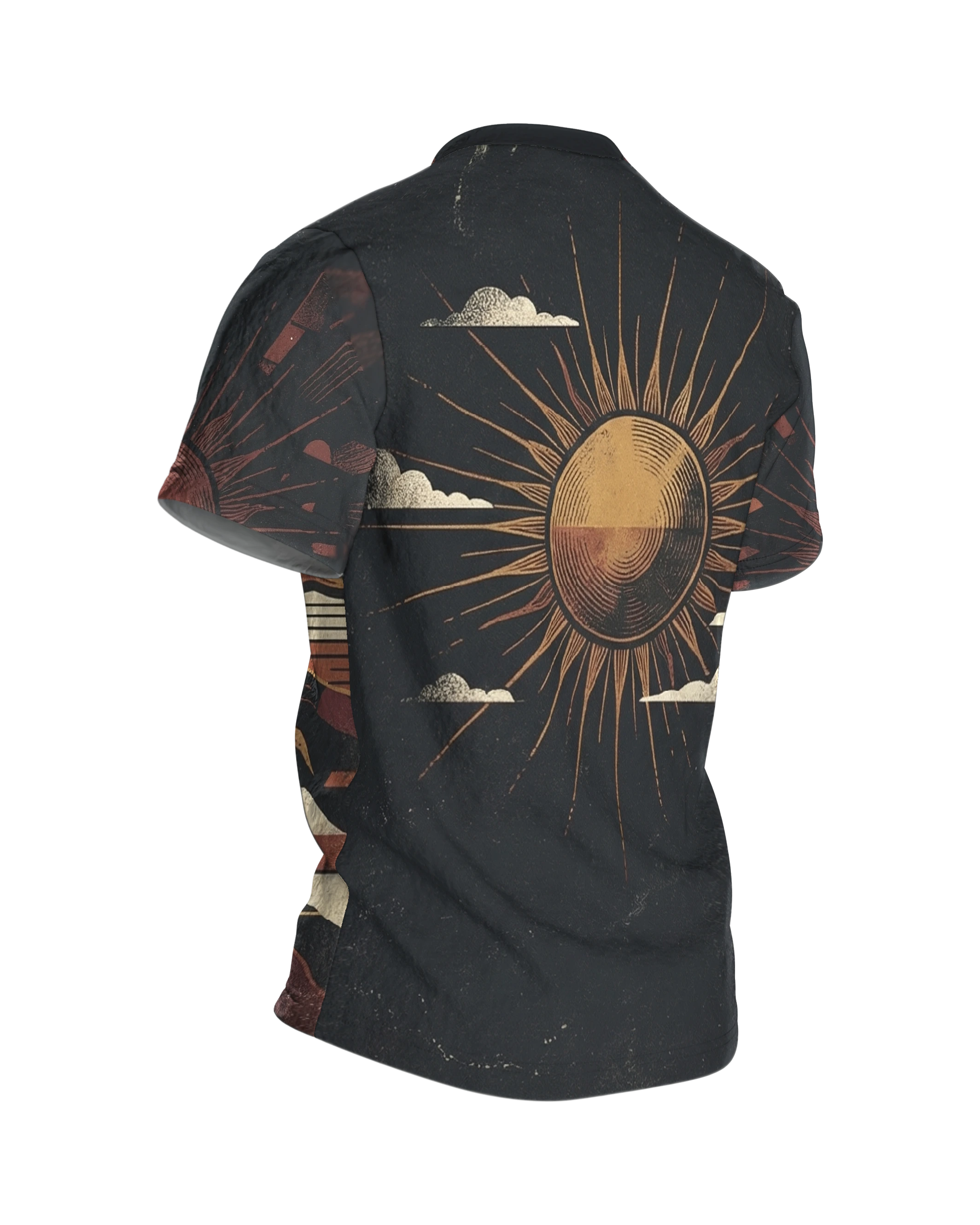 70s Sunset T-Shirt, geteilte Sonnenscheibe mit Wellenstrahlen über gebautem Abendhimmel, Strahlenkranz am Rücken, Rückseite schräg rechts