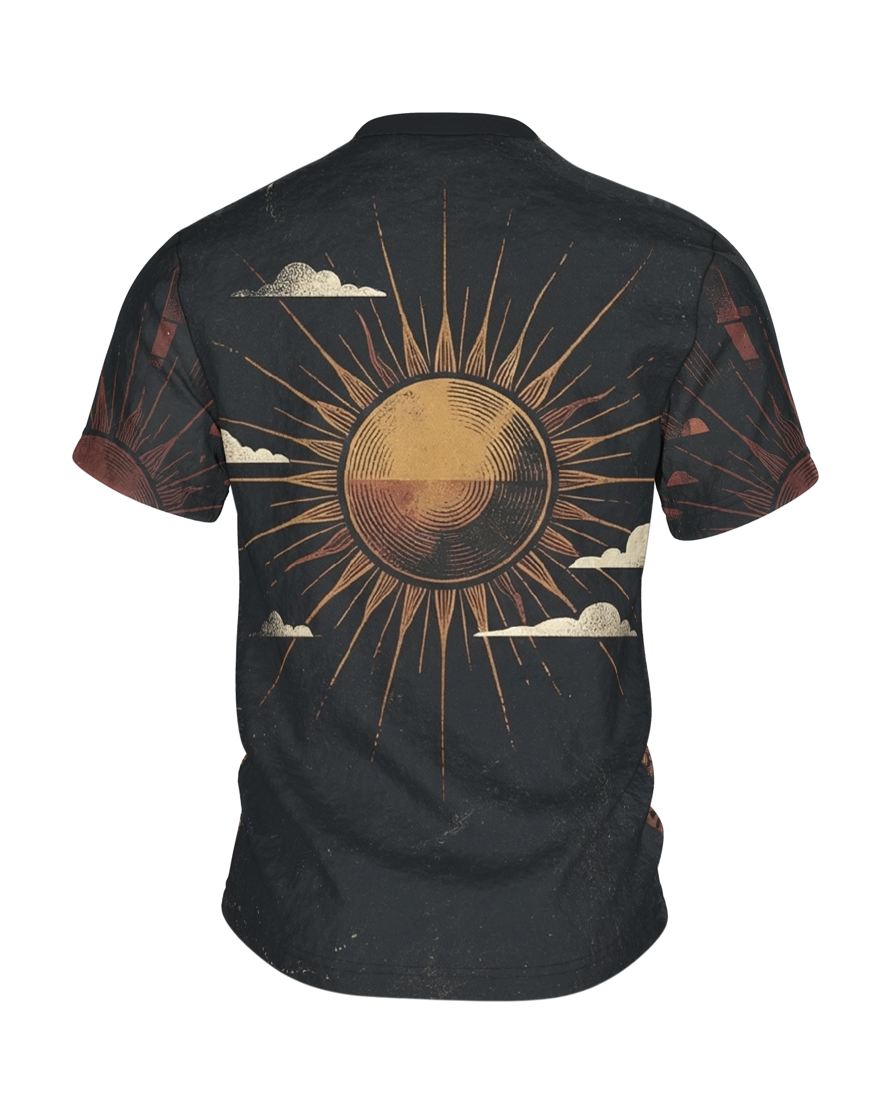 70s Sunset T-Shirt, geteilte Sonnenscheibe mit Wellenstrahlen über gebautem Abendhimmel, Strahlenkranz am Rücken, Rückseite