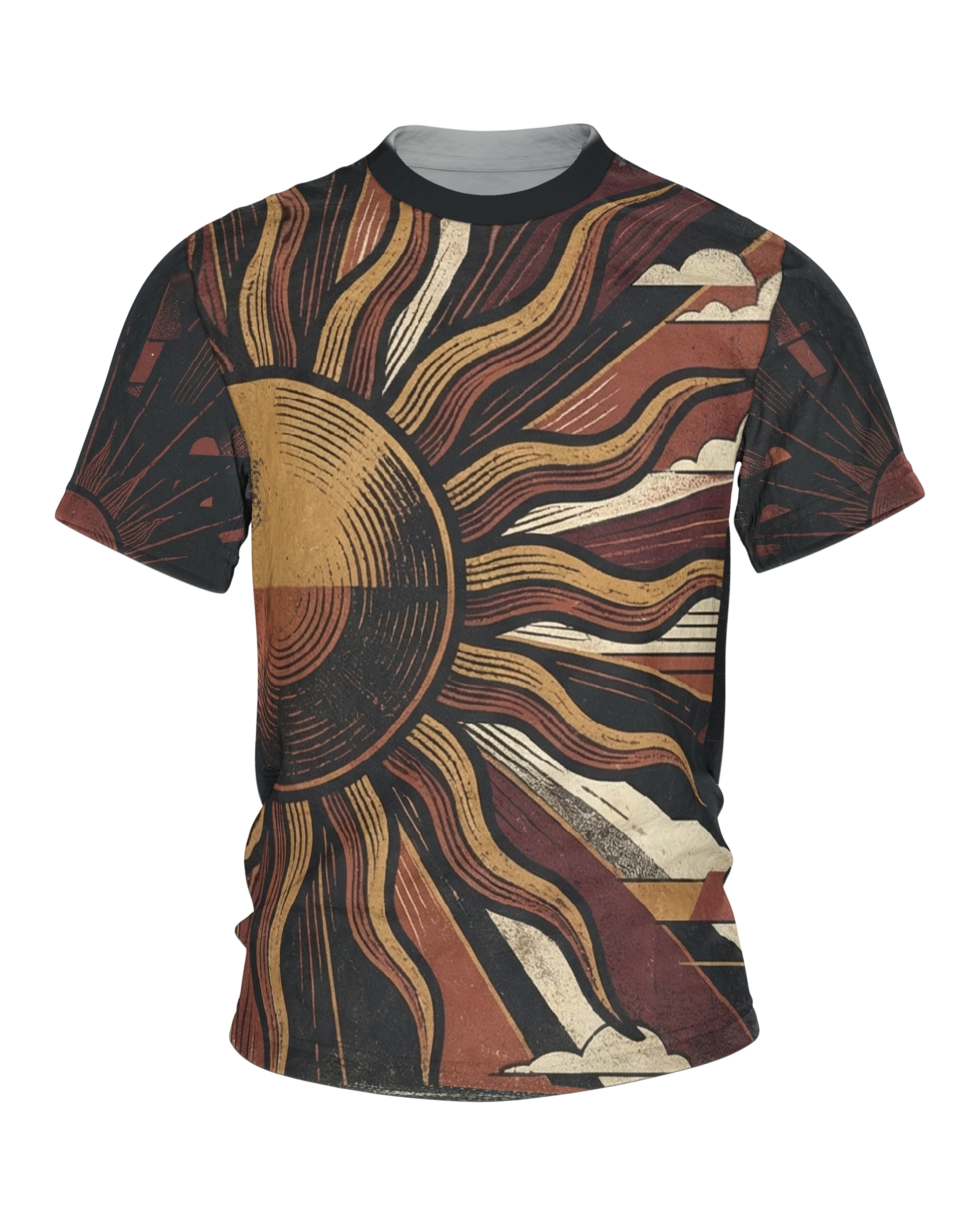 70s Sunset T-Shirt, geteilte Sonnenscheibe mit Wellenstrahlen über gebautem Abendhimmel, Strahlenkranz am Rücken