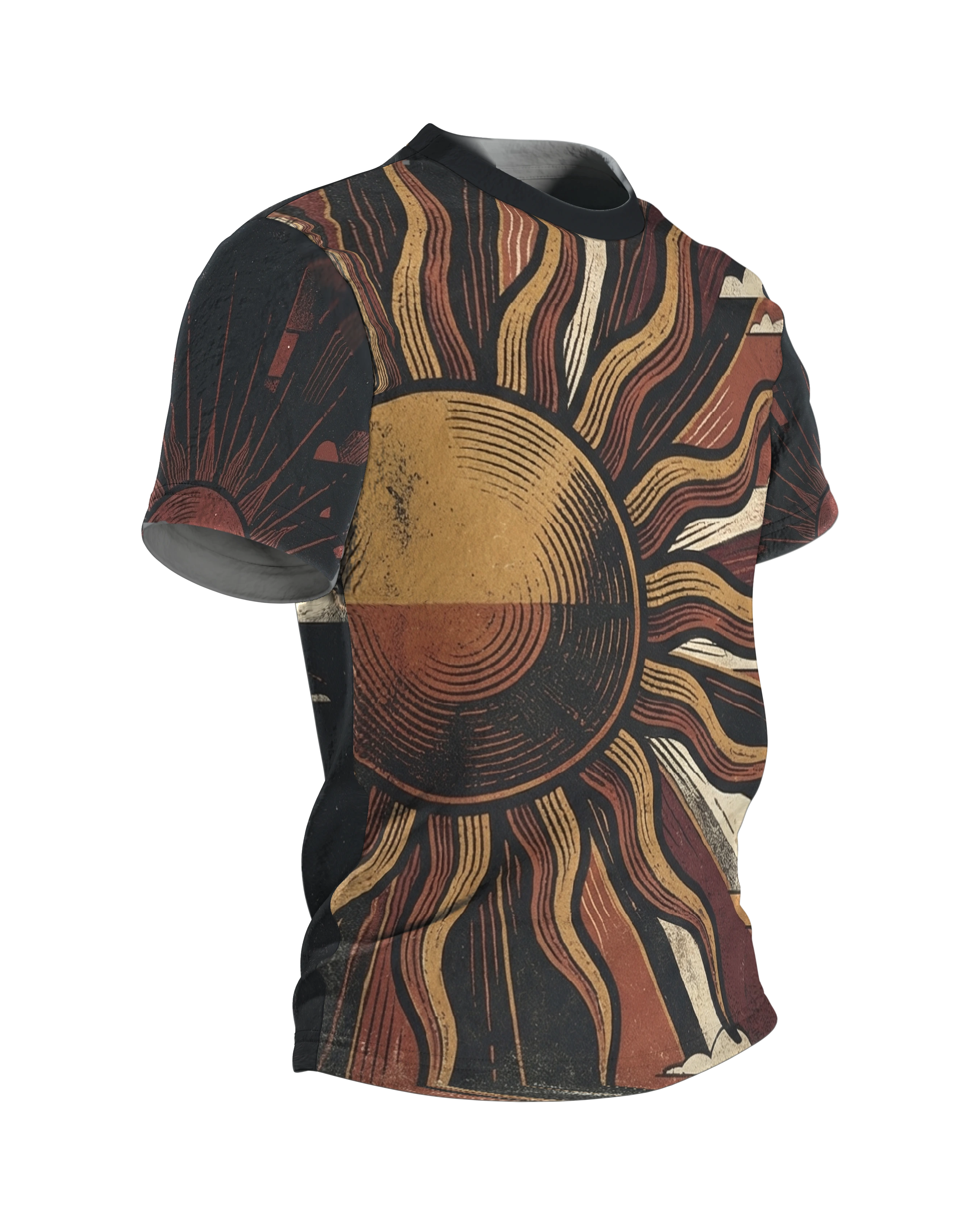 70s Sunset T-Shirt, geteilte Sonnenscheibe mit Wellenstrahlen über gebautem Abendhimmel, Strahlenkranz am Rücken, Seitenansicht links