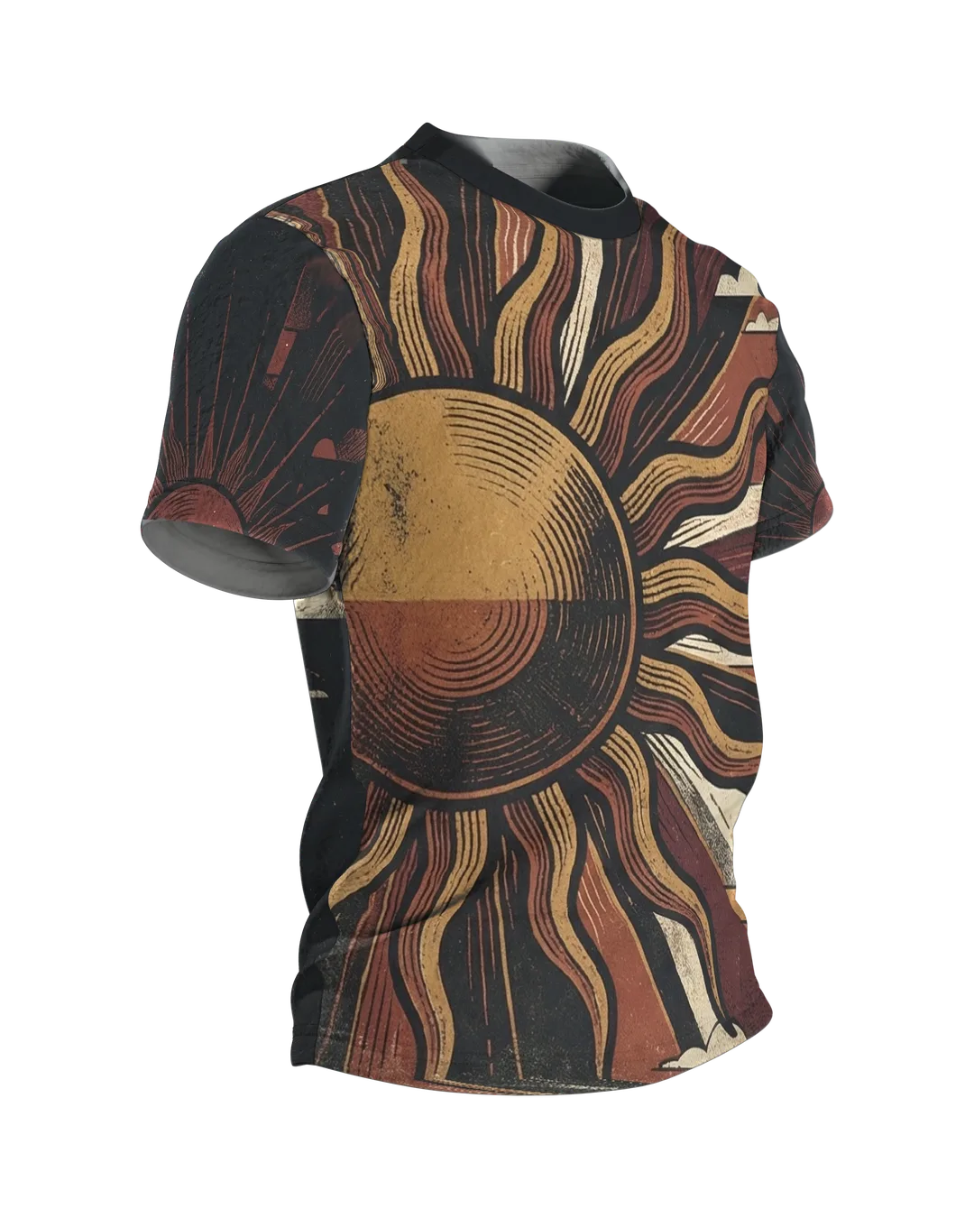 70s Sunset T-Shirt, geteilte Sonnenscheibe mit Wellenstrahlen über gebautem Abendhimmel, Strahlenkranz am Rücken, Seitenansicht links