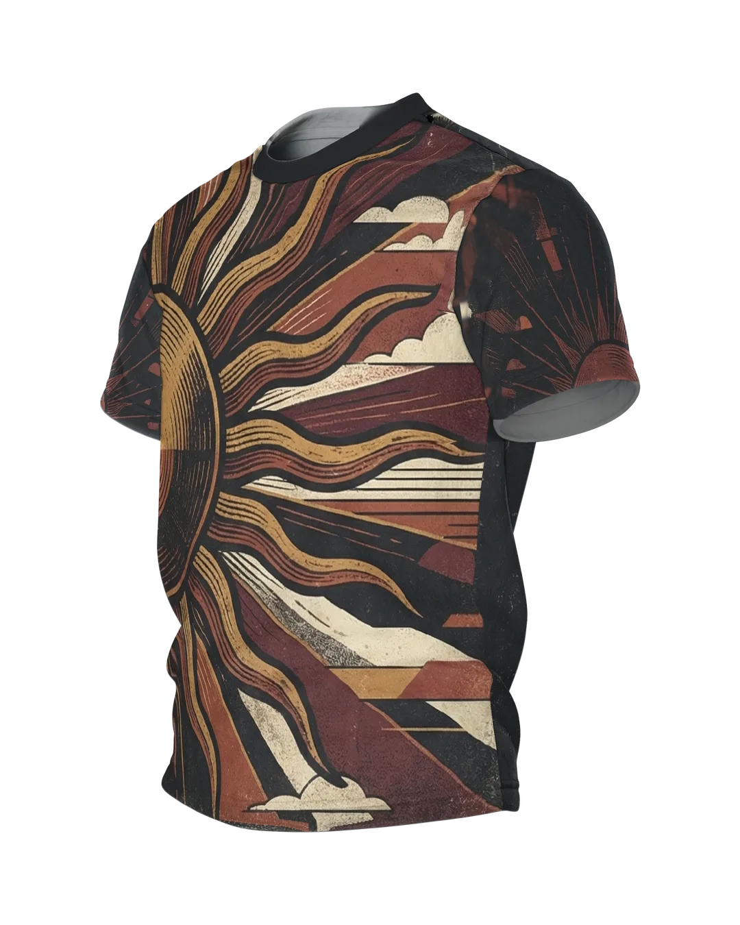 70s Sunset T-Shirt, geteilte Sonnenscheibe mit Wellenstrahlen über gebautem Abendhimmel, Strahlenkranz am Rücken, Seitenansicht rechts