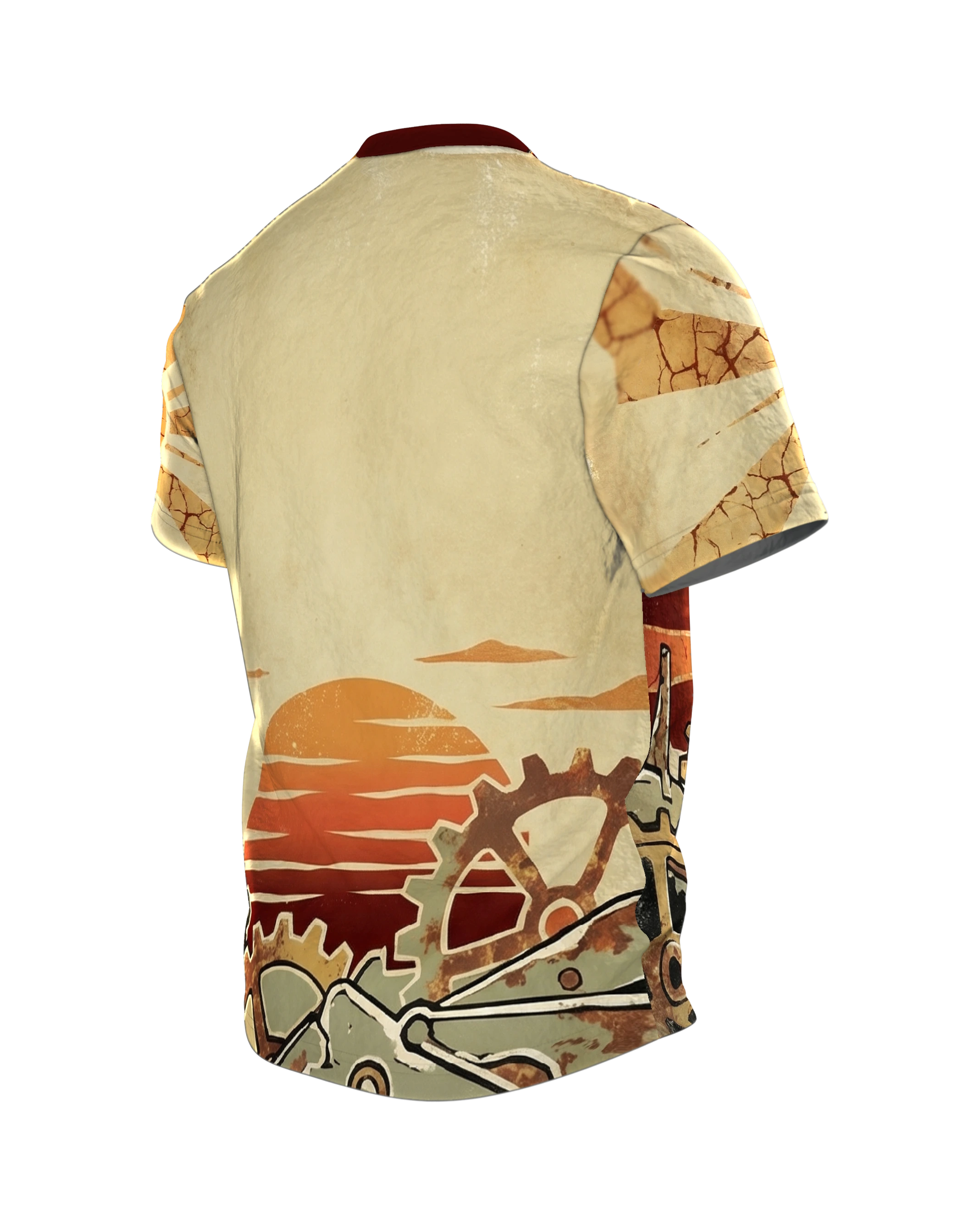 Vintage Industrie Zahnräder T-Shirt: Retro Sonne, Rückseite schräg links