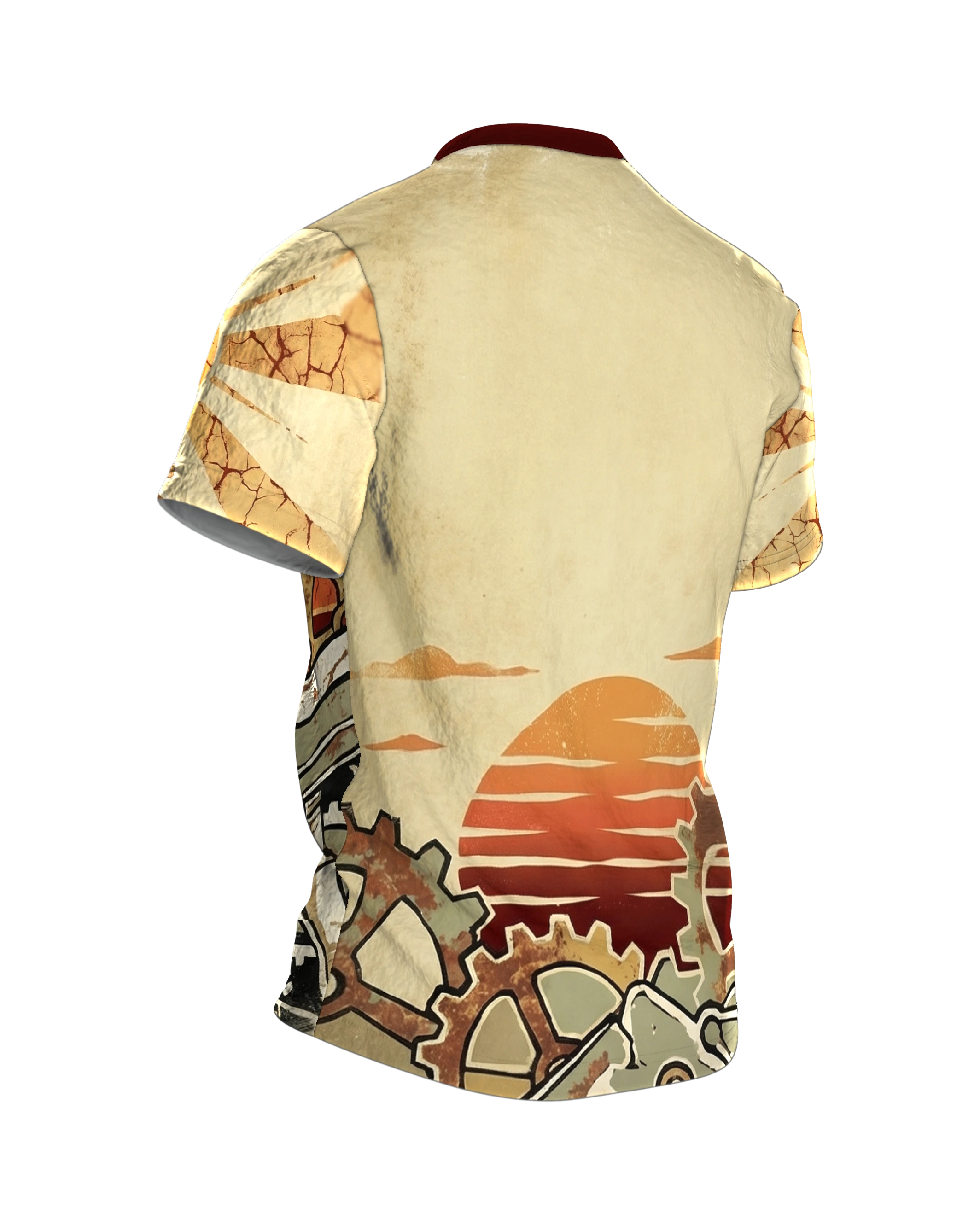 Vintage Industrie Zahnräder T-Shirt: Retro Sonne, Rückseite schräg rechts