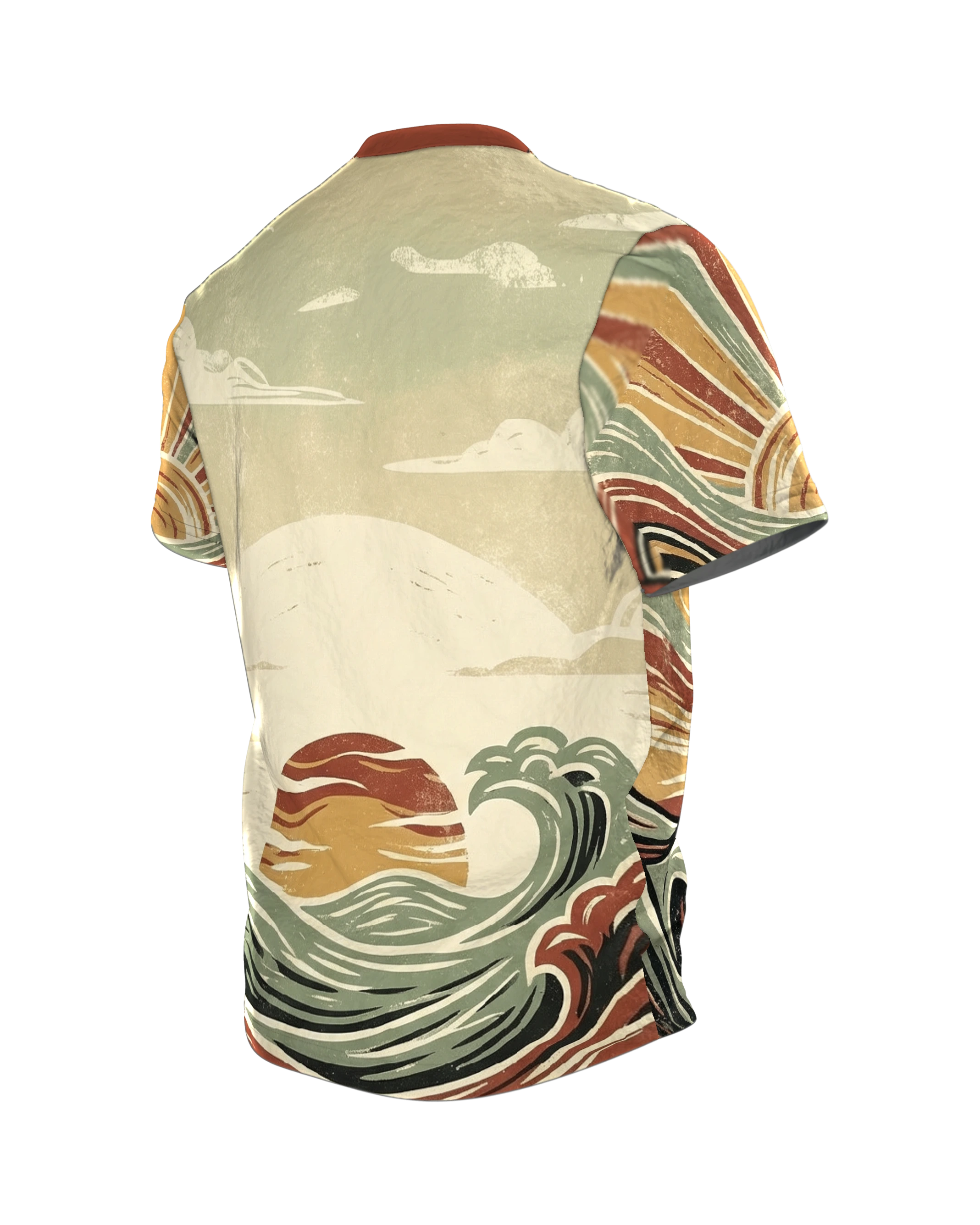 Retro Wellen & Sonne T-Shirt: 70s Vintage Surf Art, Rückseite schräg links