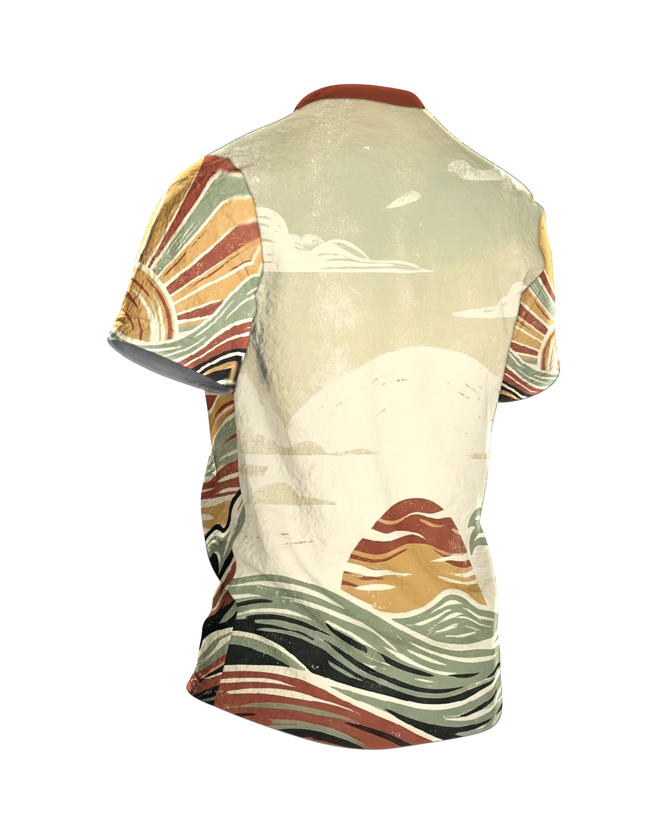 Retro Wellen & Sonne T-Shirt: 70s Vintage Surf Art, Rückseite schräg rechts