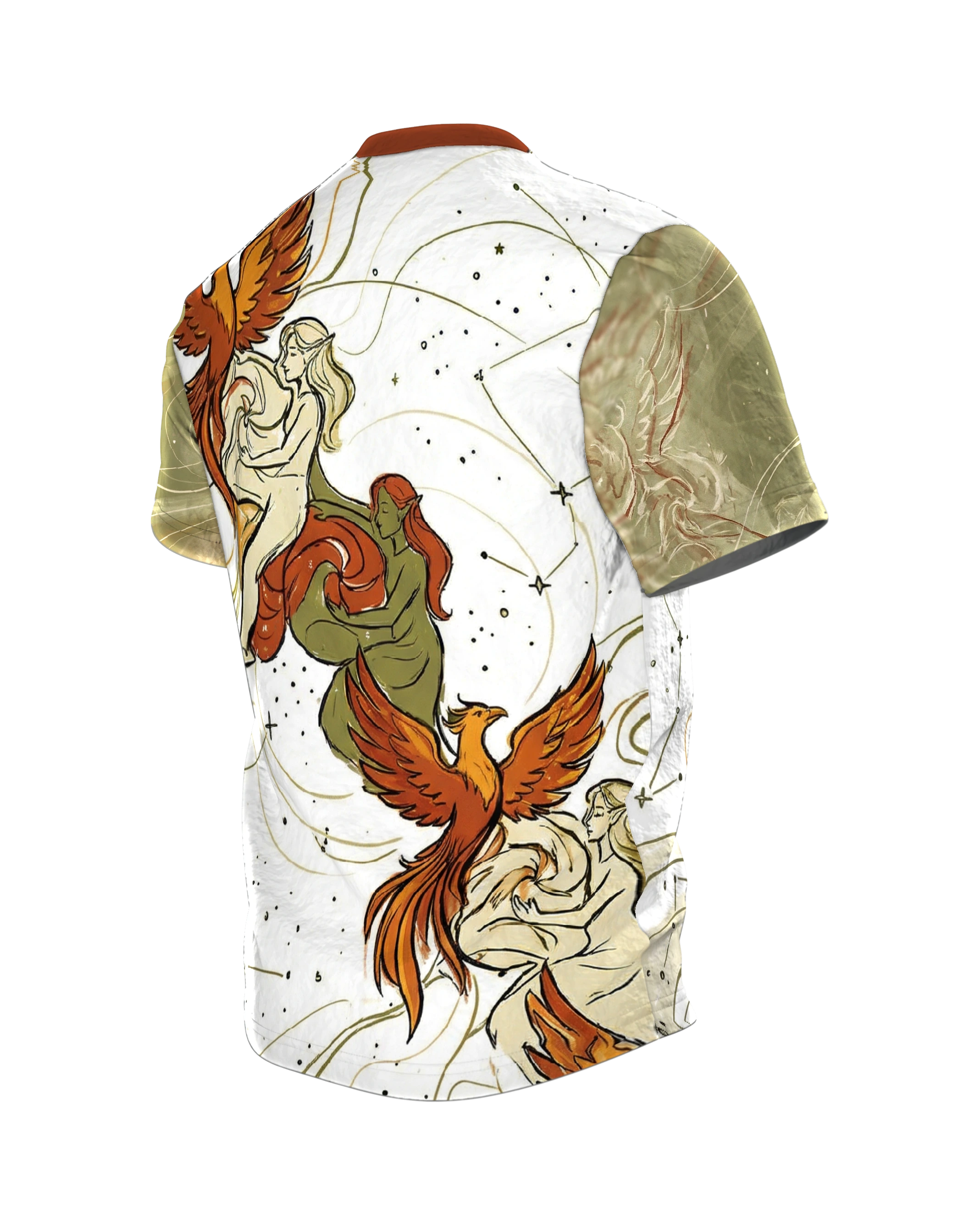 Phönix Elfen T-Shirt, drei Elfen mit Feuervögeln unter Sternbildern, Variation am Rücken, Rückseite schräg links