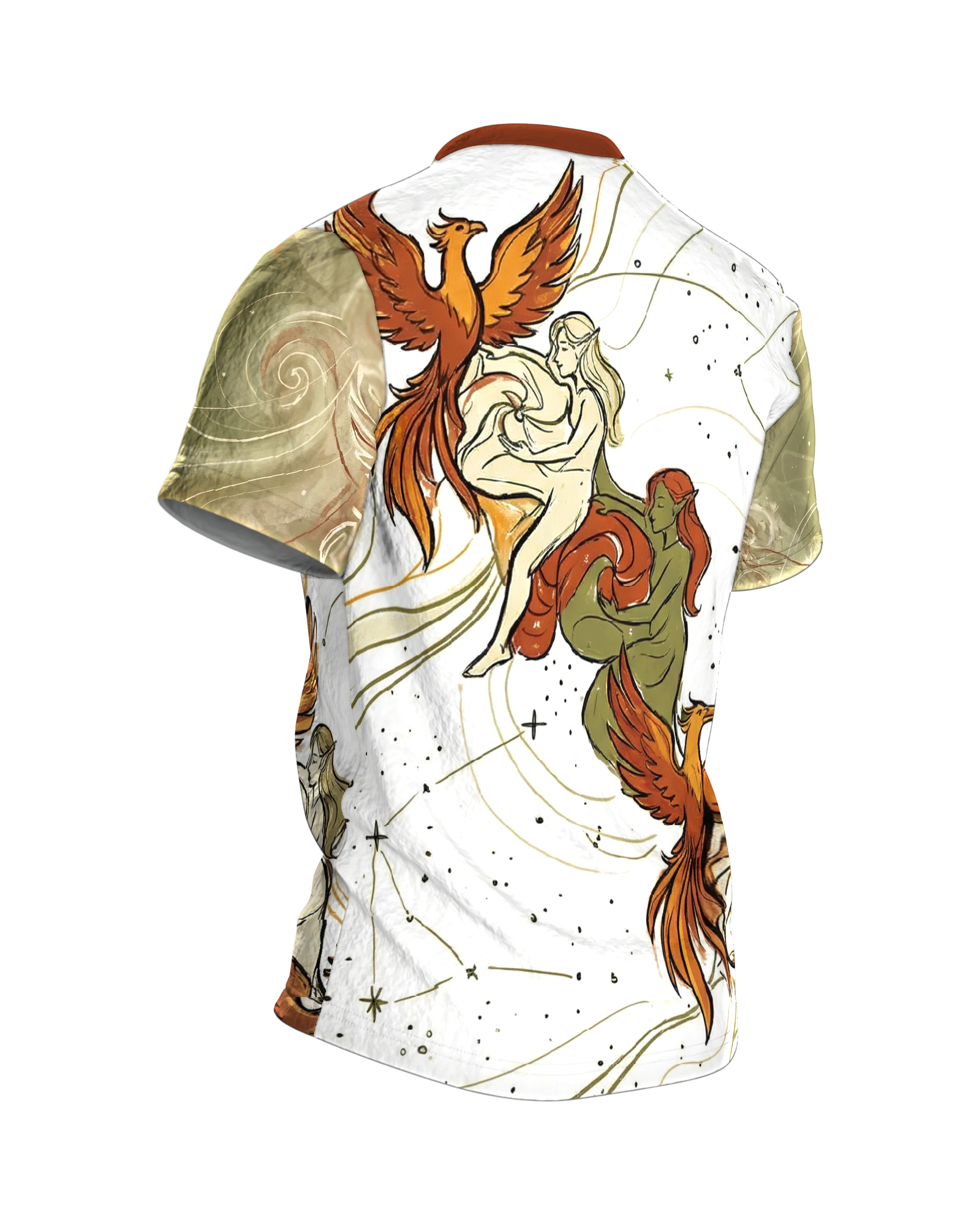 Phönix Elfen T-Shirt, drei Elfen mit Feuervögeln unter Sternbildern, Variation am Rücken, Rückseite schräg rechts
