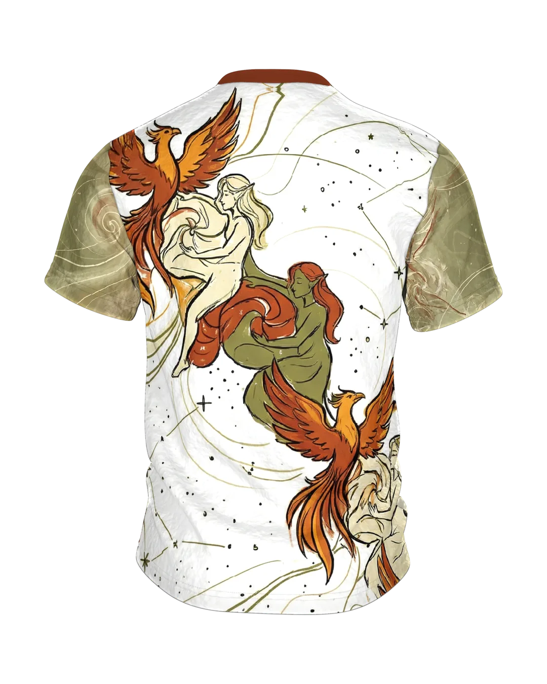 Phönix Elfen T-Shirt, drei Elfen mit Feuervögeln unter Sternbildern, Variation am Rücken, Rückseite