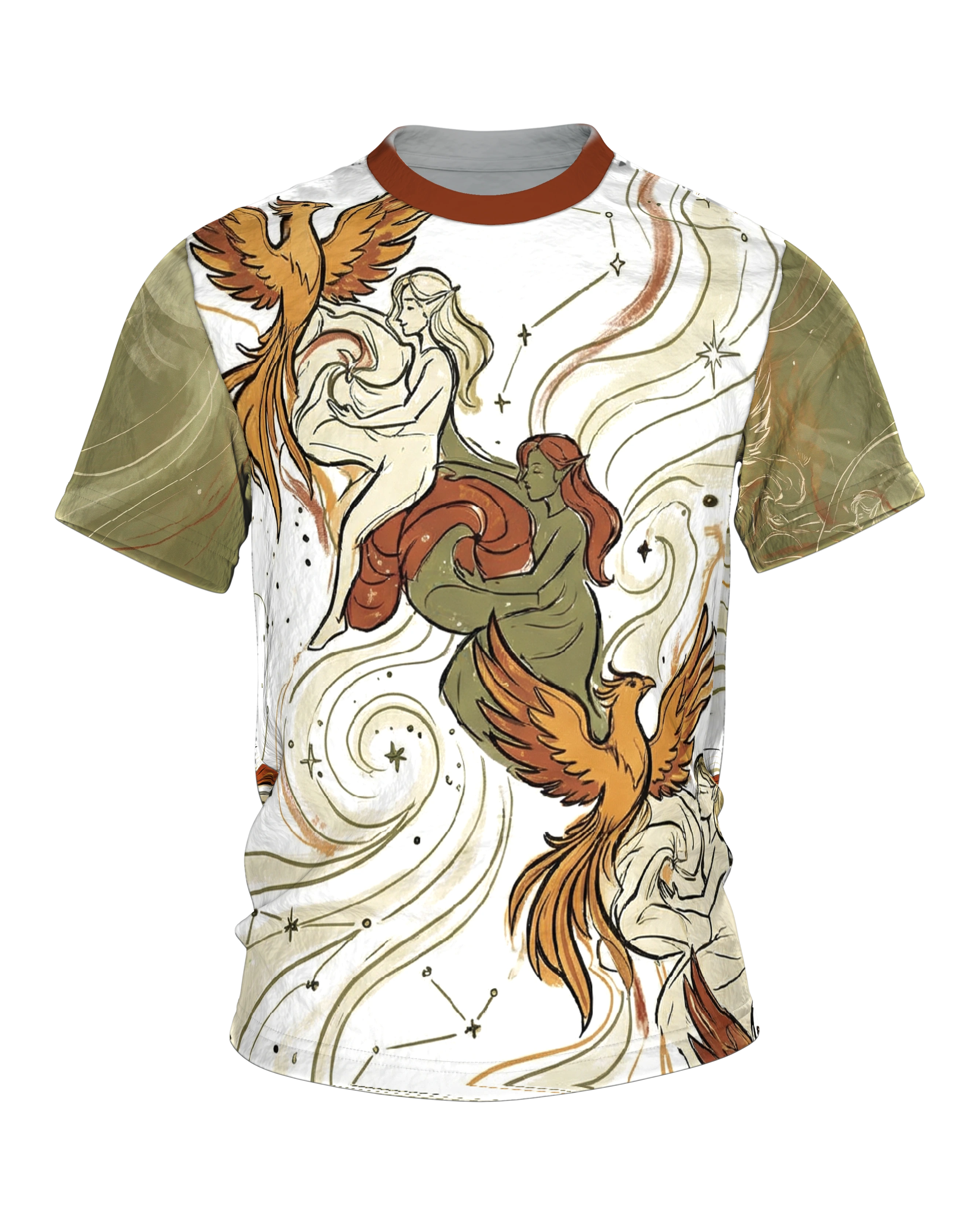 Phönix Elfen T-Shirt, drei Elfen mit Feuervögeln unter Sternbildern, Variation am Rücken