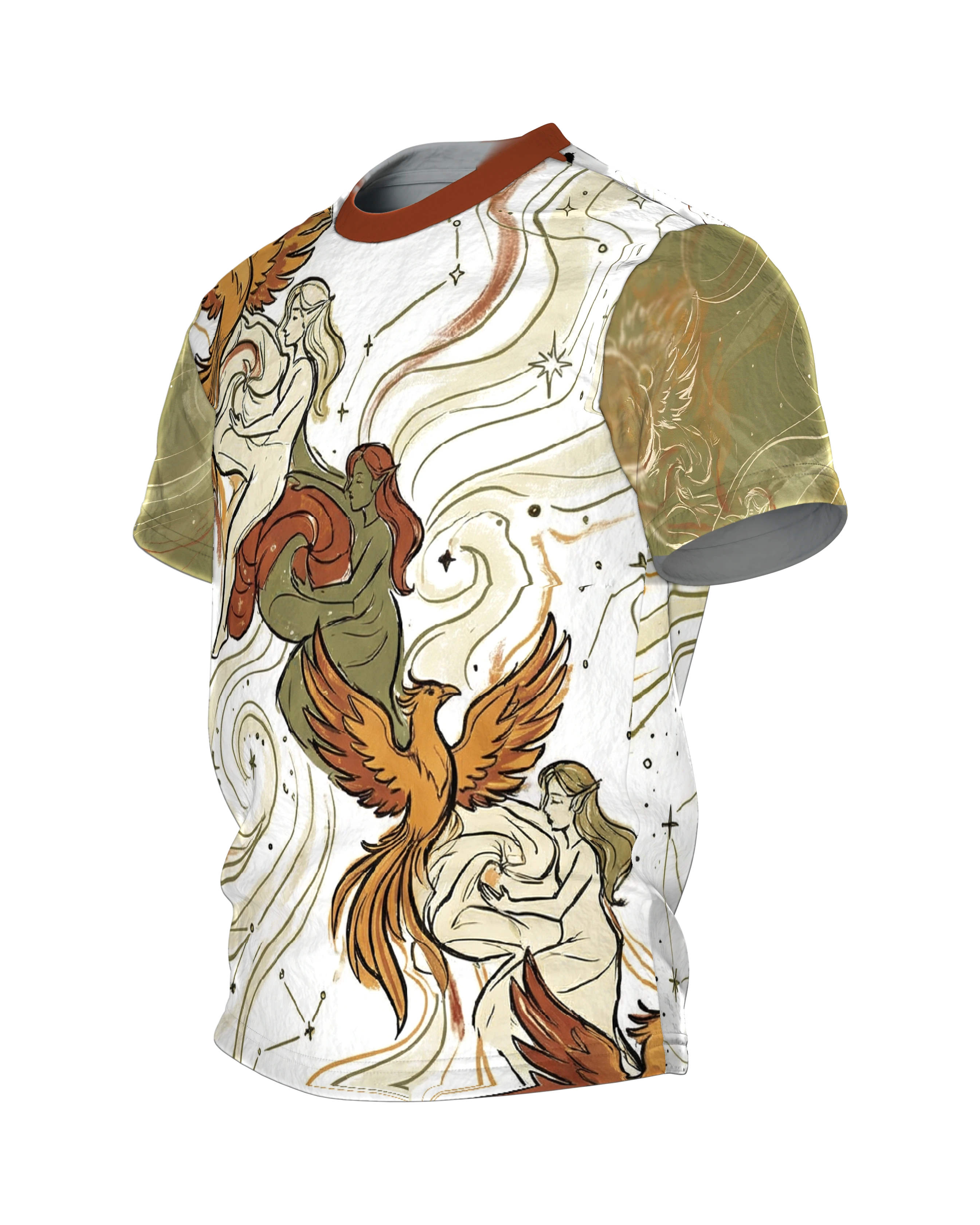 Phönix Elfen T-Shirt, drei Elfen mit Feuervögeln unter Sternbildern, Variation am Rücken, Seitenansicht rechts