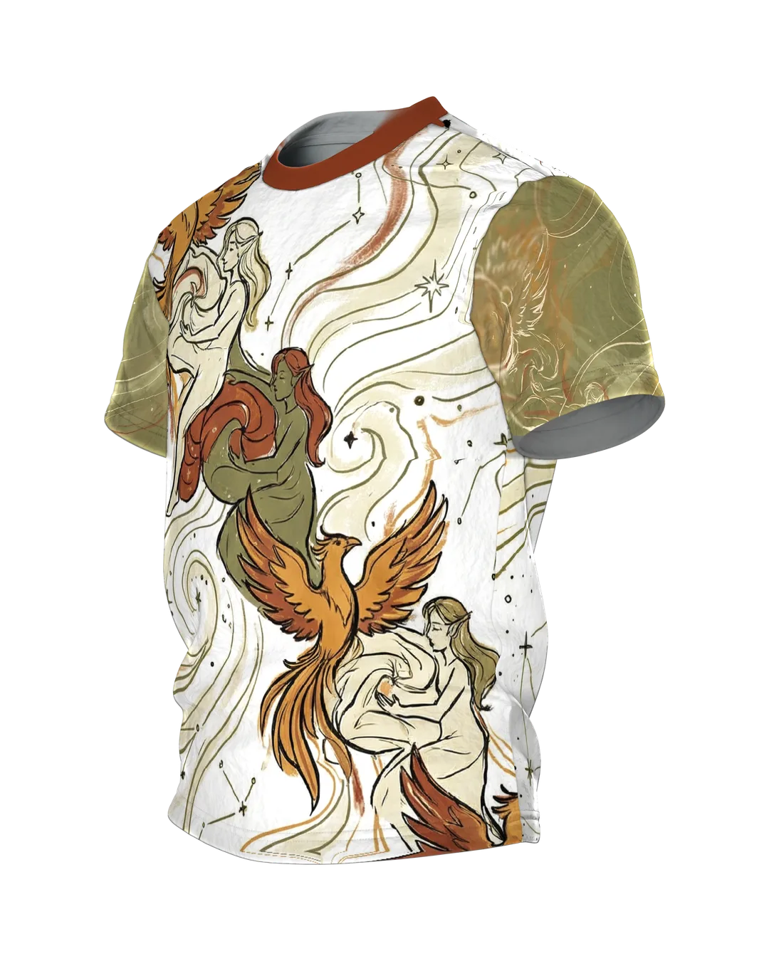 Phönix Elfen T-Shirt, drei Elfen mit Feuervögeln unter Sternbildern, Variation am Rücken, Seitenansicht rechts