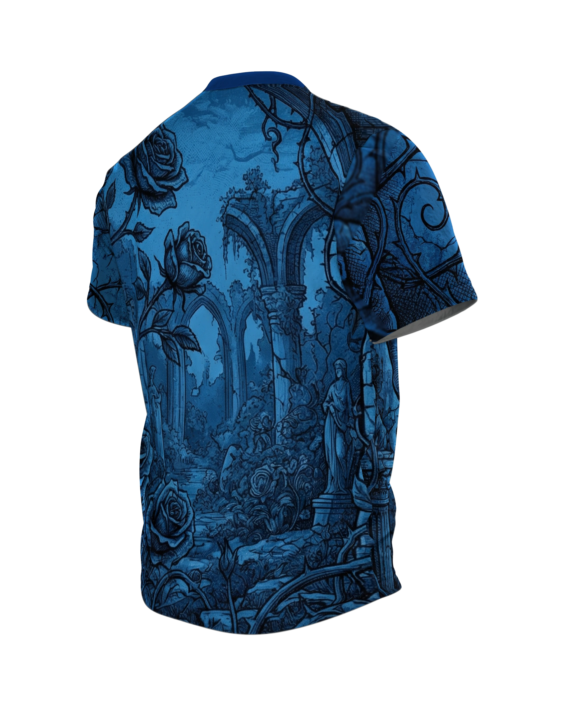 Gothic Ruinen Rose T-Shirt: Dark Blue Art, Rückseite schräg links
