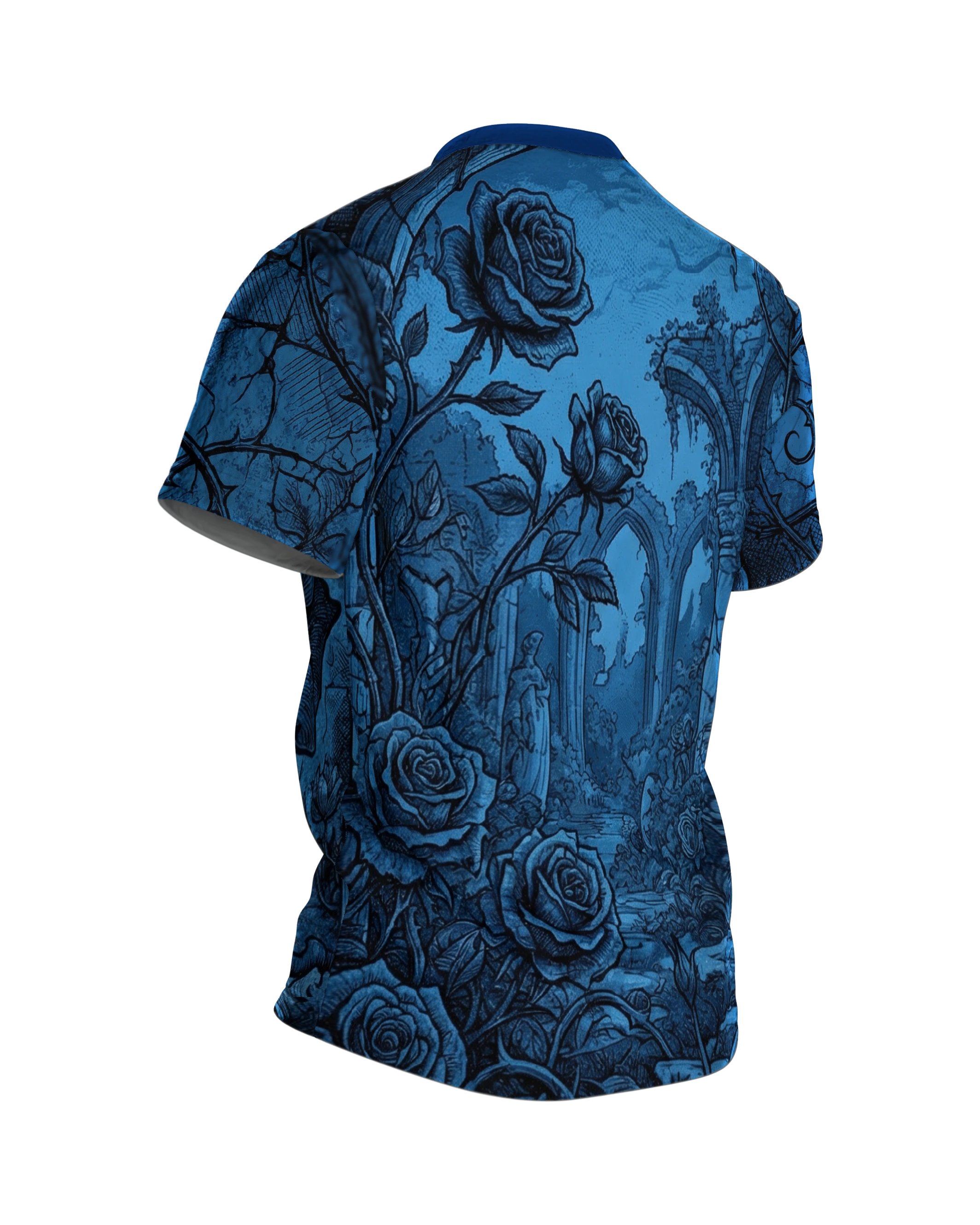 Gothic Ruinen Rose T-Shirt: Dark Blue Art, Rückseite schräg rechts