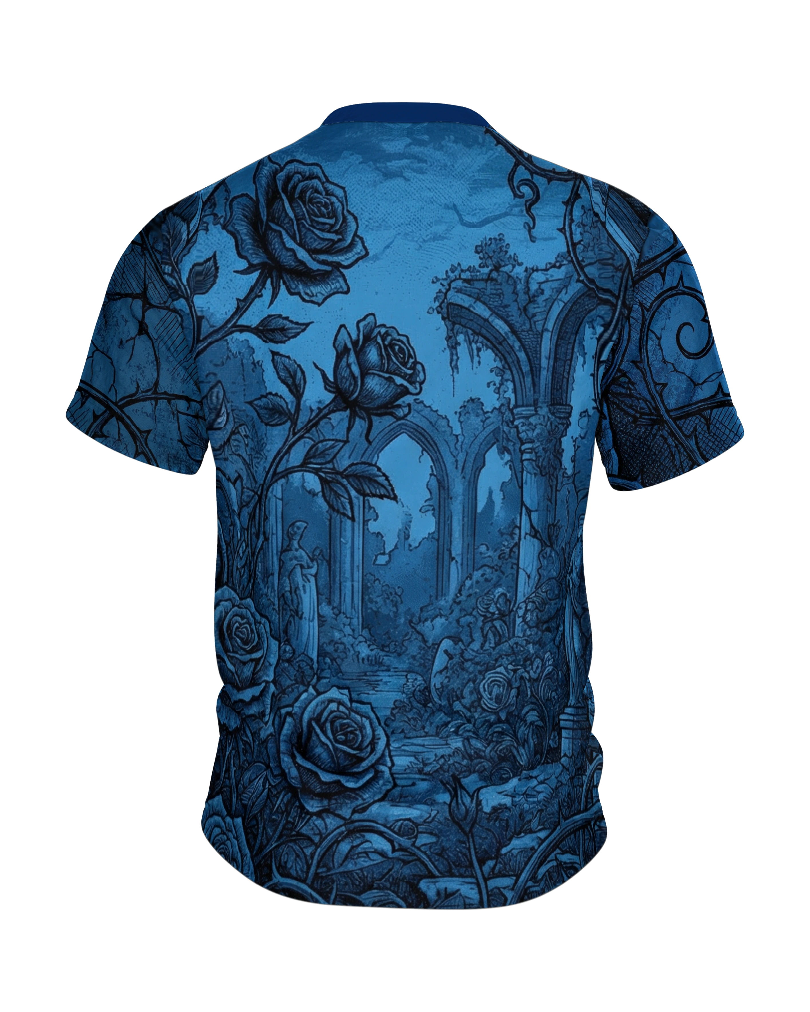 Gothic Ruinen Rose T-Shirt: Dark Blue Art, Rückseite