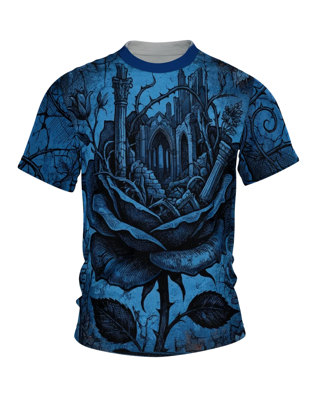 Gothic Ruinen Rose T-Shirt: Dark Blue Art