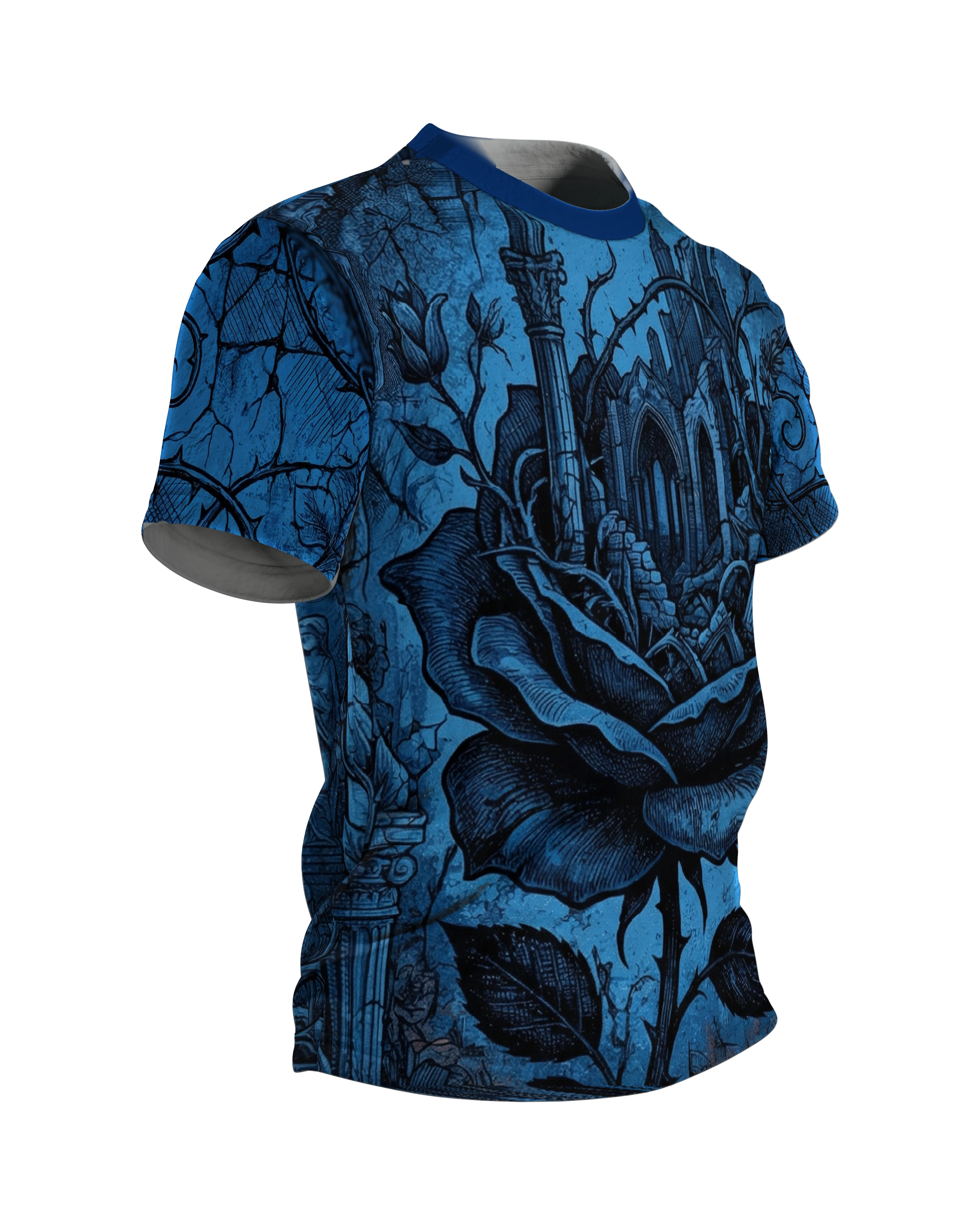 Gothic Ruinen Rose T-Shirt: Dark Blue Art, Seitenansicht links