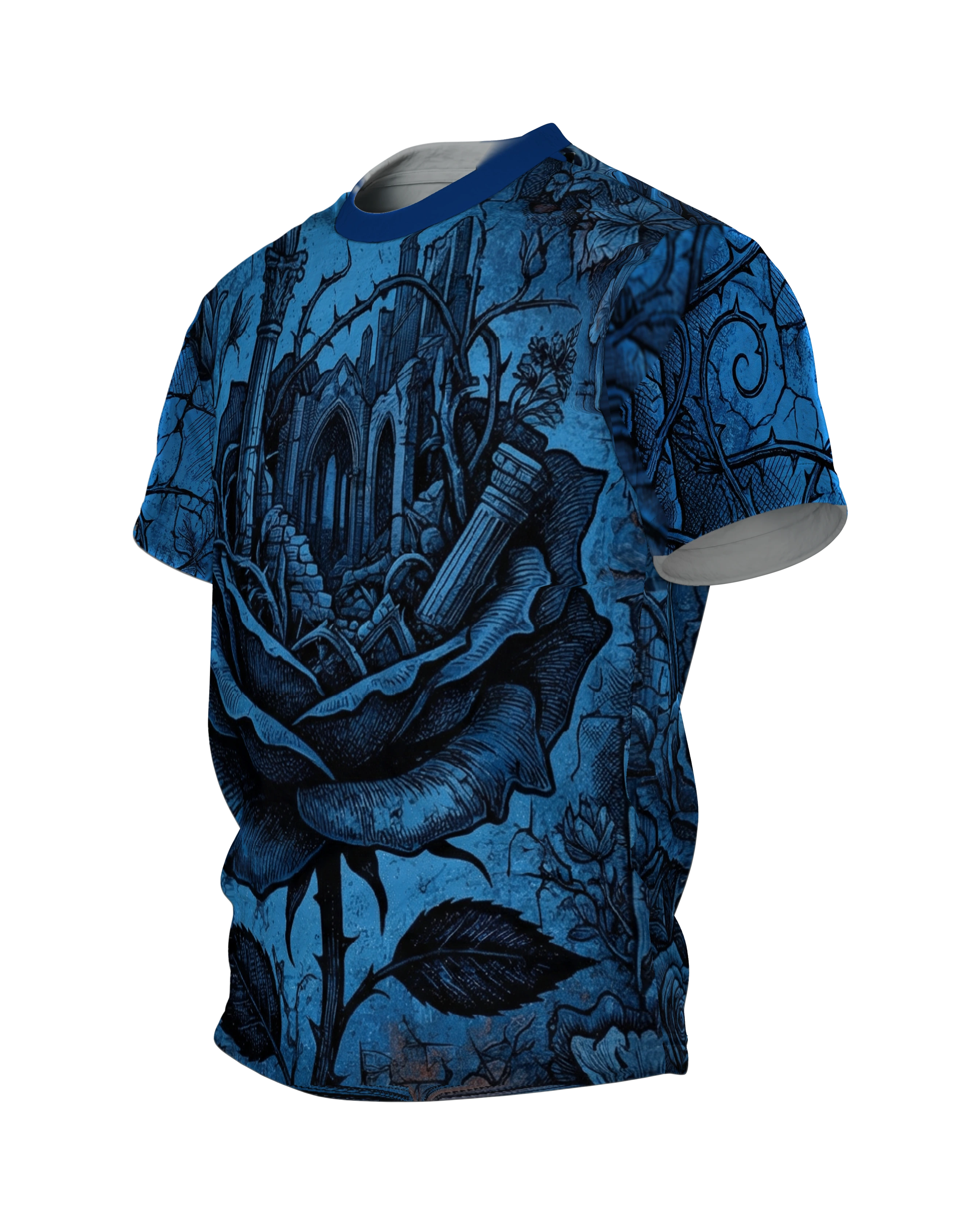 Gothic Ruinen Rose T-Shirt: Dark Blue Art, Seitenansicht rechts