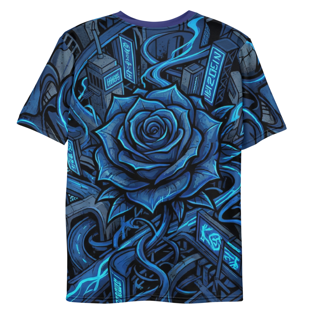 Cyberpunk Rose T-Shirt – Neonblaues City-Motiv