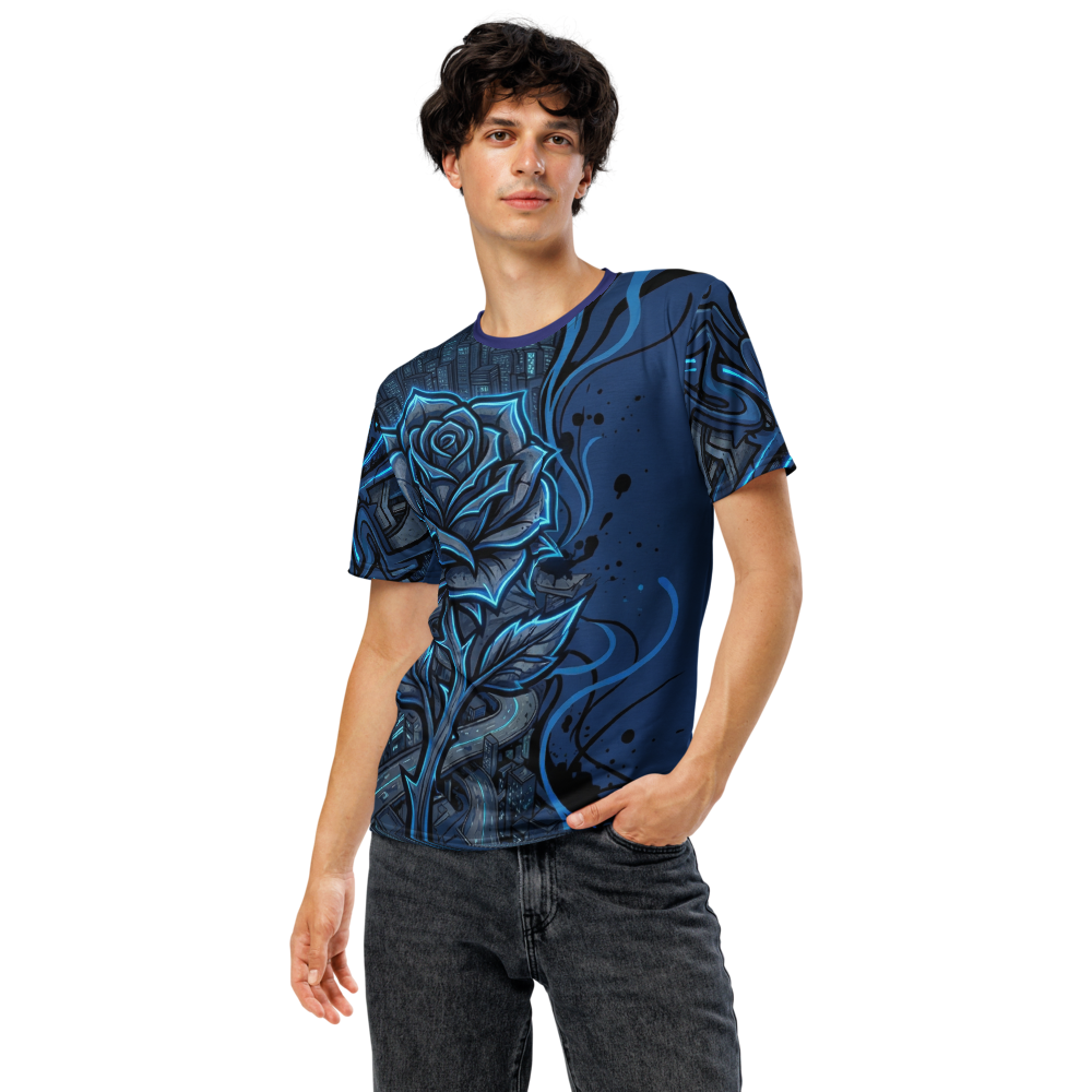 Cyberpunk Rose T-Shirt – Neonblaues City-Motiv