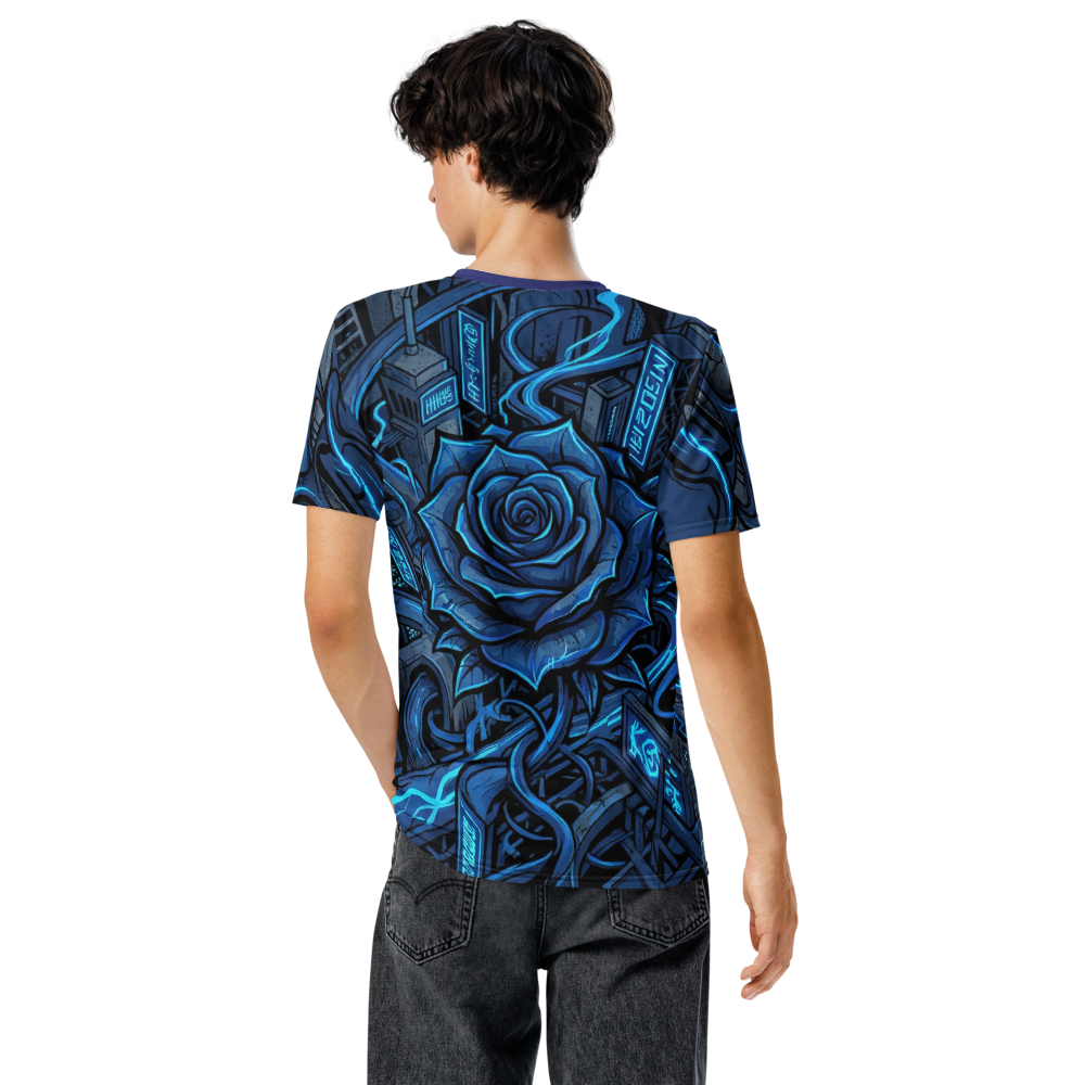 Cyberpunk Rose T-Shirt – Neonblaues City-Motiv