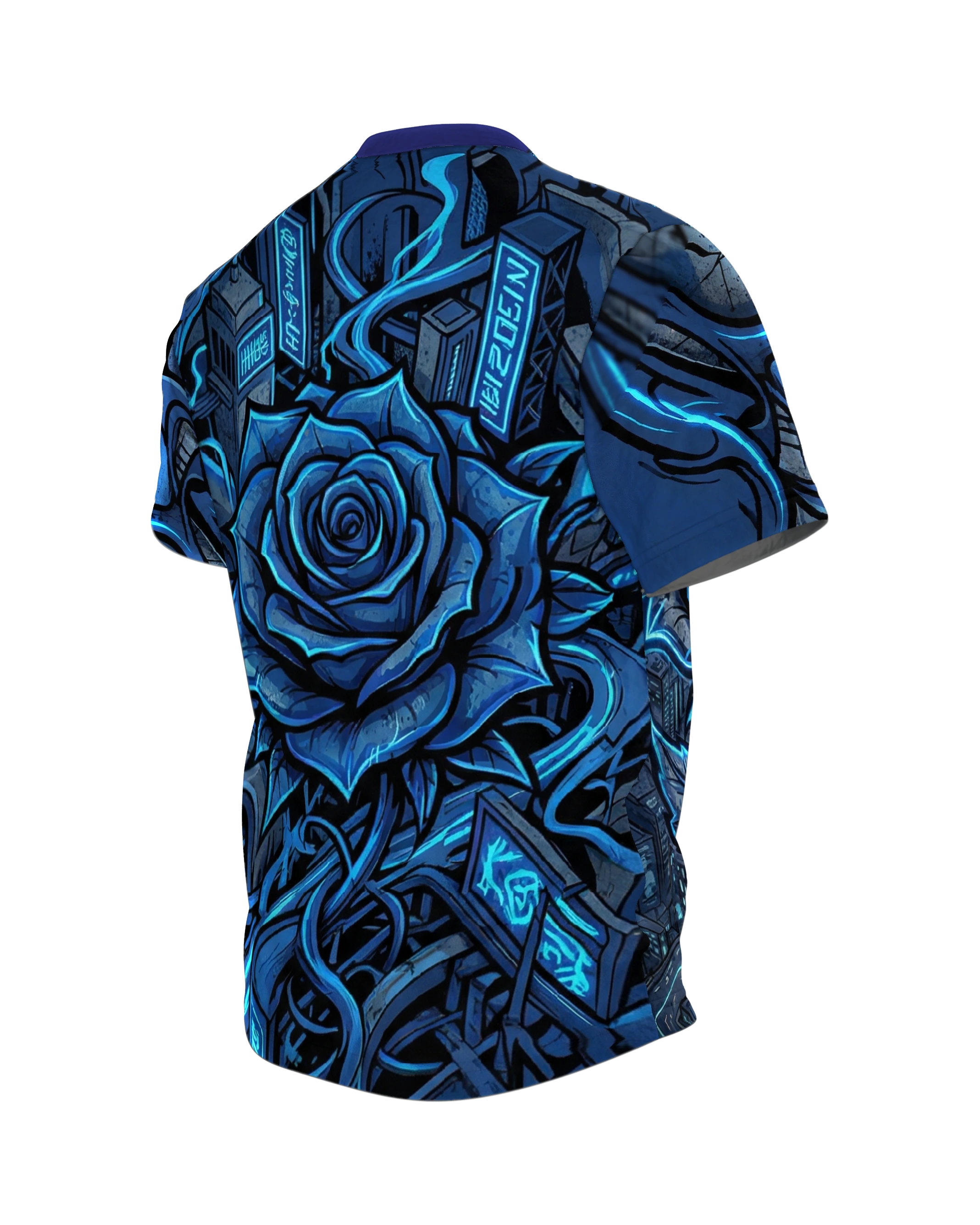 Cyberpunk Rose T-Shirt: Neonblaues City-Motiv, Rückseite schräg links
