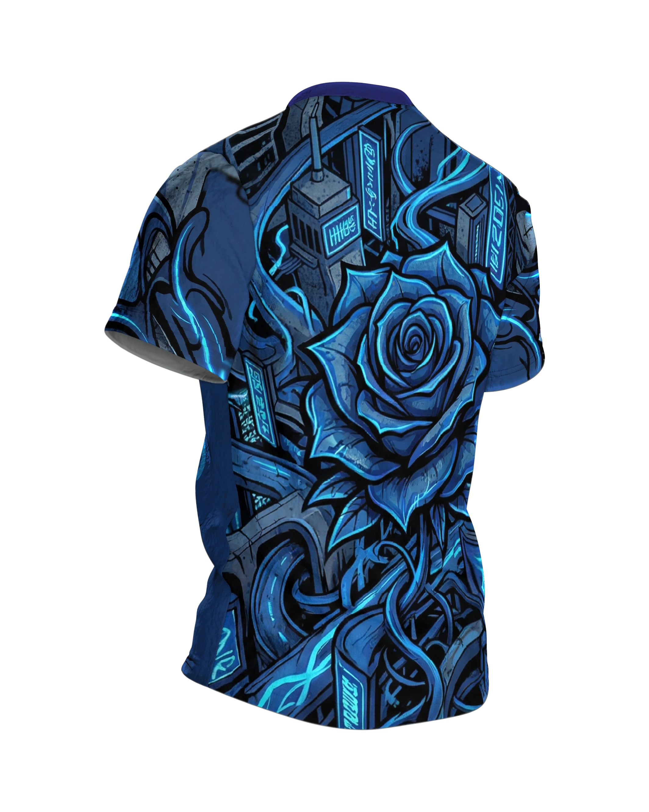 Cyberpunk Rose T-Shirt: Neonblaues City-Motiv, Rückseite schräg rechts