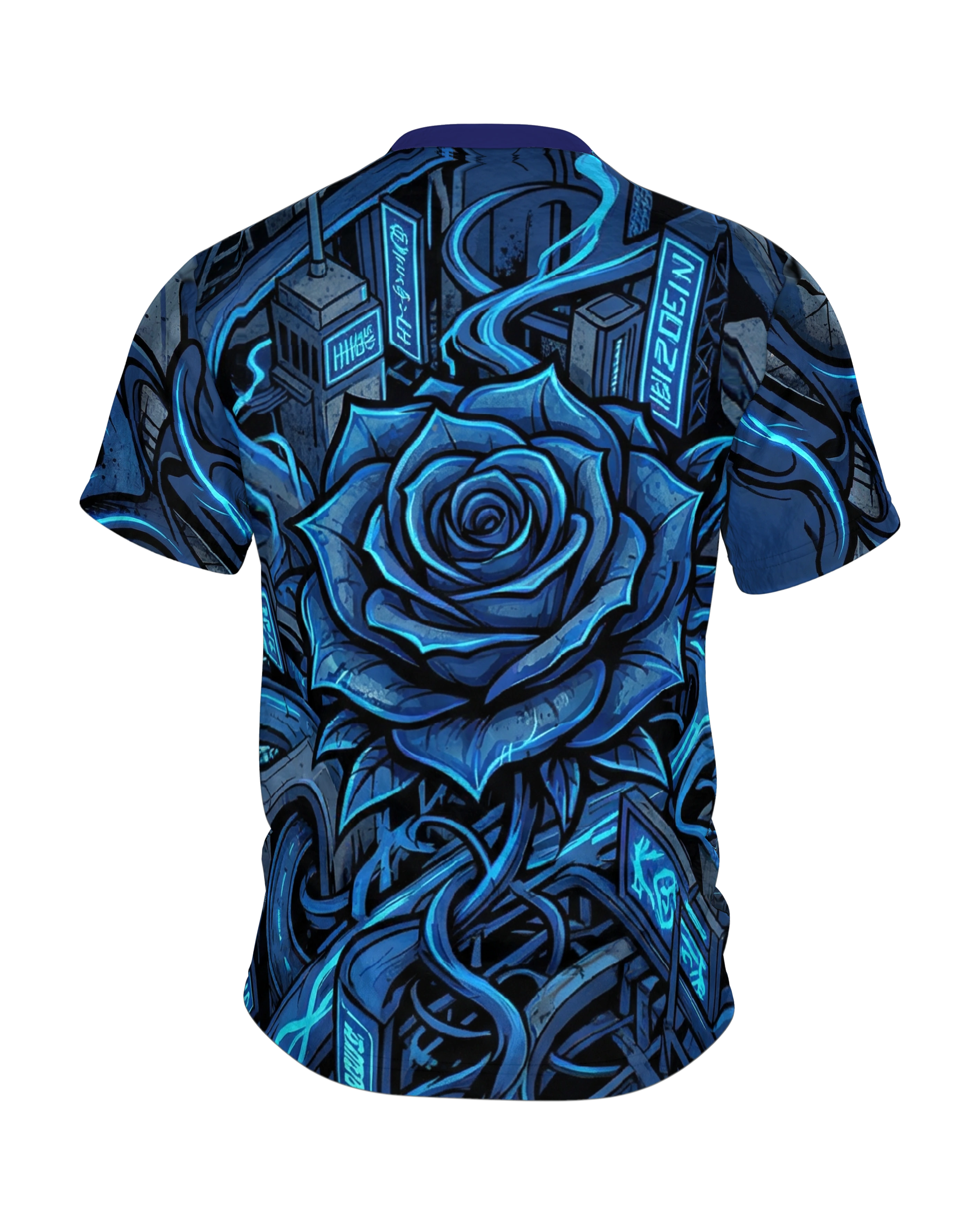 Cyberpunk Rose T-Shirt: Neonblaues City-Motiv, Rückseite