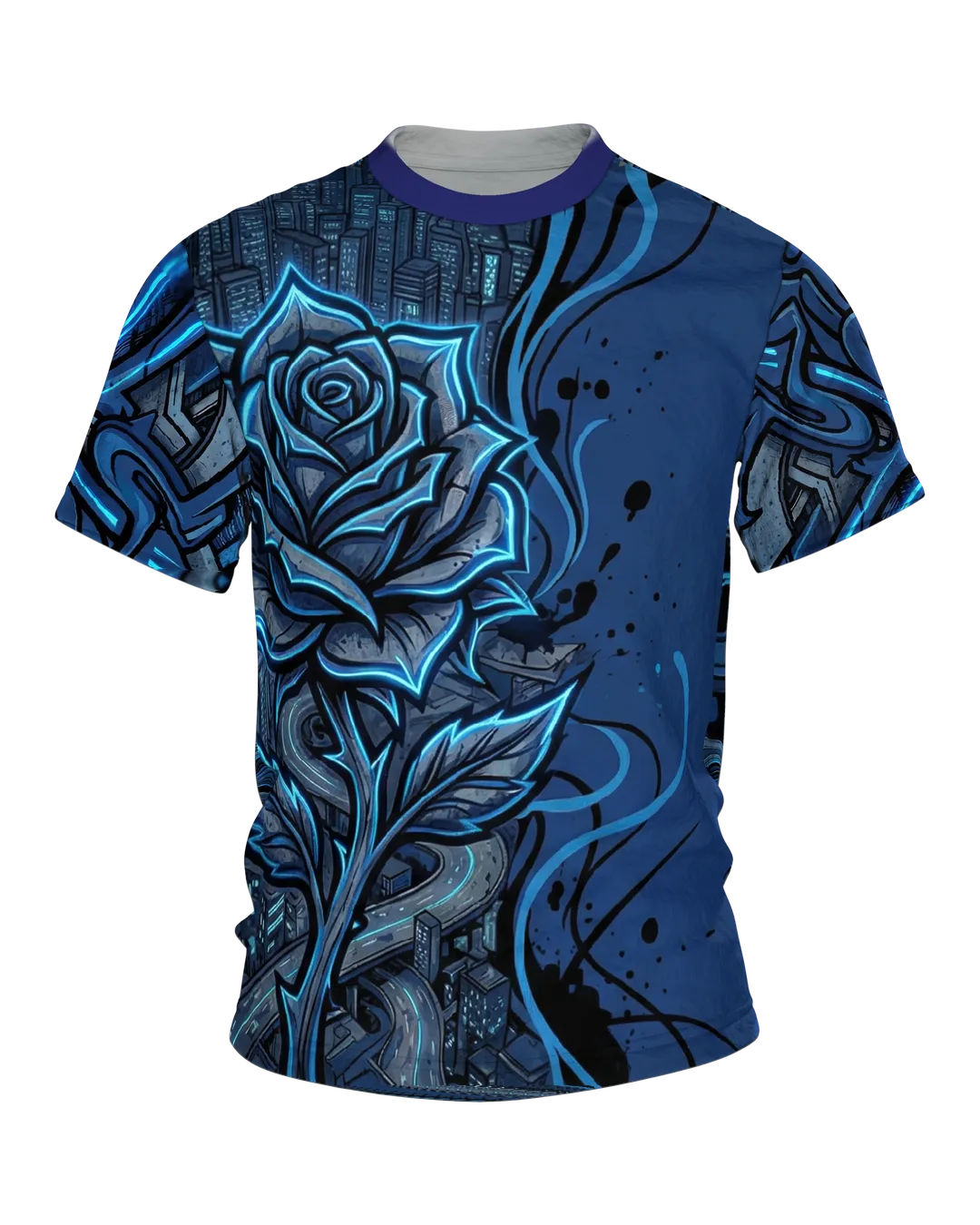 Cyberpunk Rose T-Shirt: Neonblaues City-Motiv