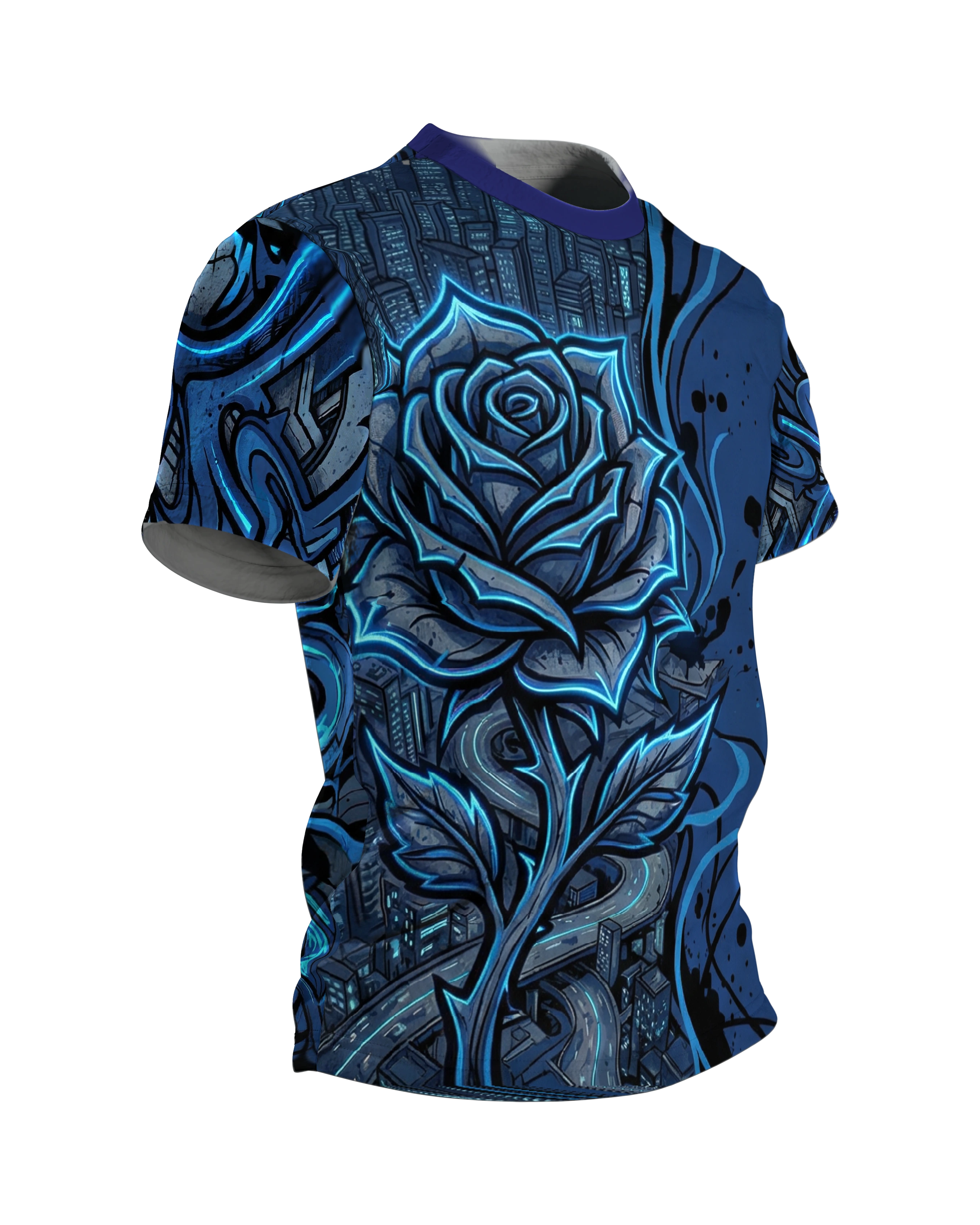 Cyberpunk Rose T-Shirt: Neonblaues City-Motiv, Seitenansicht links