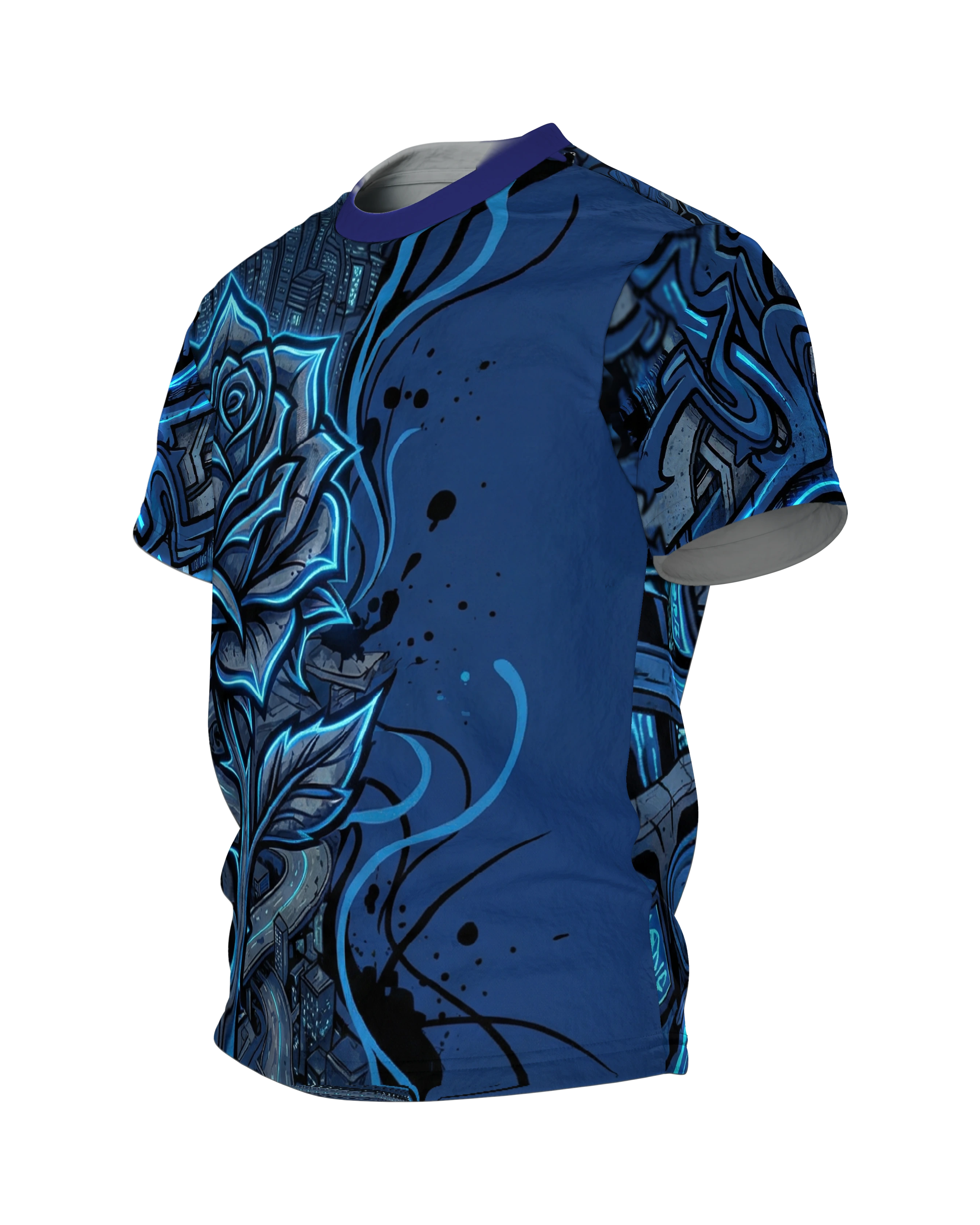 Cyberpunk Rose T-Shirt: Neonblaues City-Motiv, Seitenansicht rechts