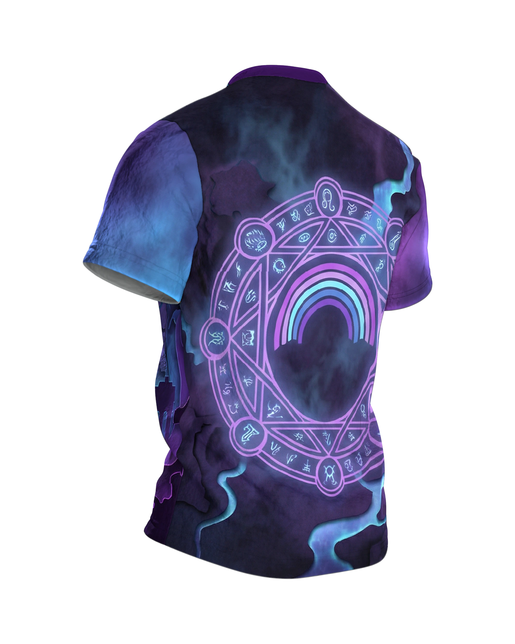 Regenbogen-Portal T-Shirt, Paper-Cut Diorama mit Ruinen und Kreaturen, Beschwörungskreis am Rücken, Rückseite schräg rechts