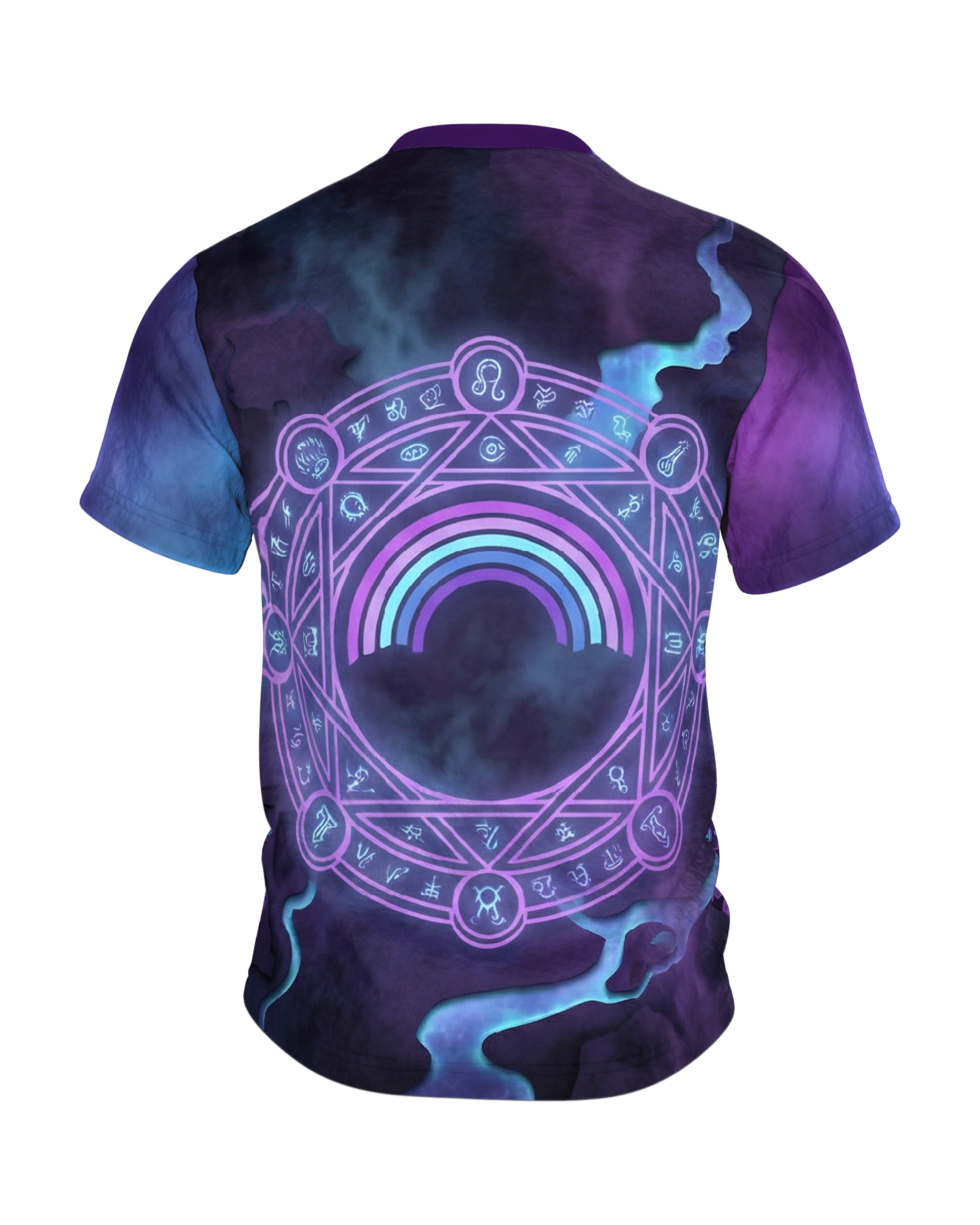 Regenbogen-Portal T-Shirt, Paper-Cut Diorama mit Ruinen und Kreaturen, Beschwörungskreis am Rücken, Rückseite