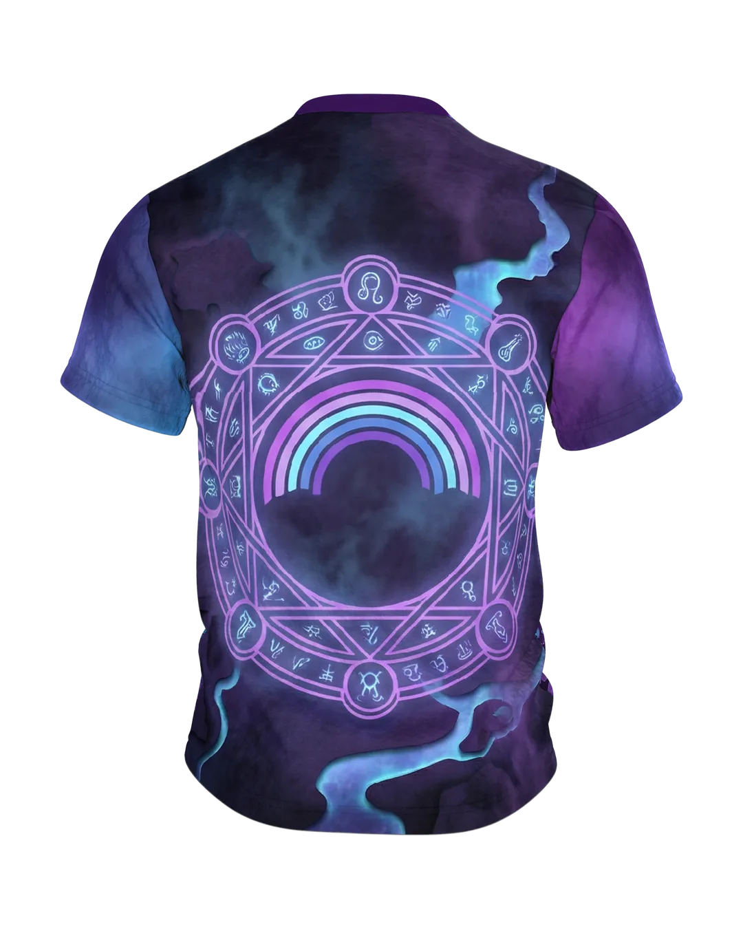Regenbogen-Portal T-Shirt, Paper-Cut Diorama mit Ruinen und Kreaturen, Beschwörungskreis am Rücken, Rückseite