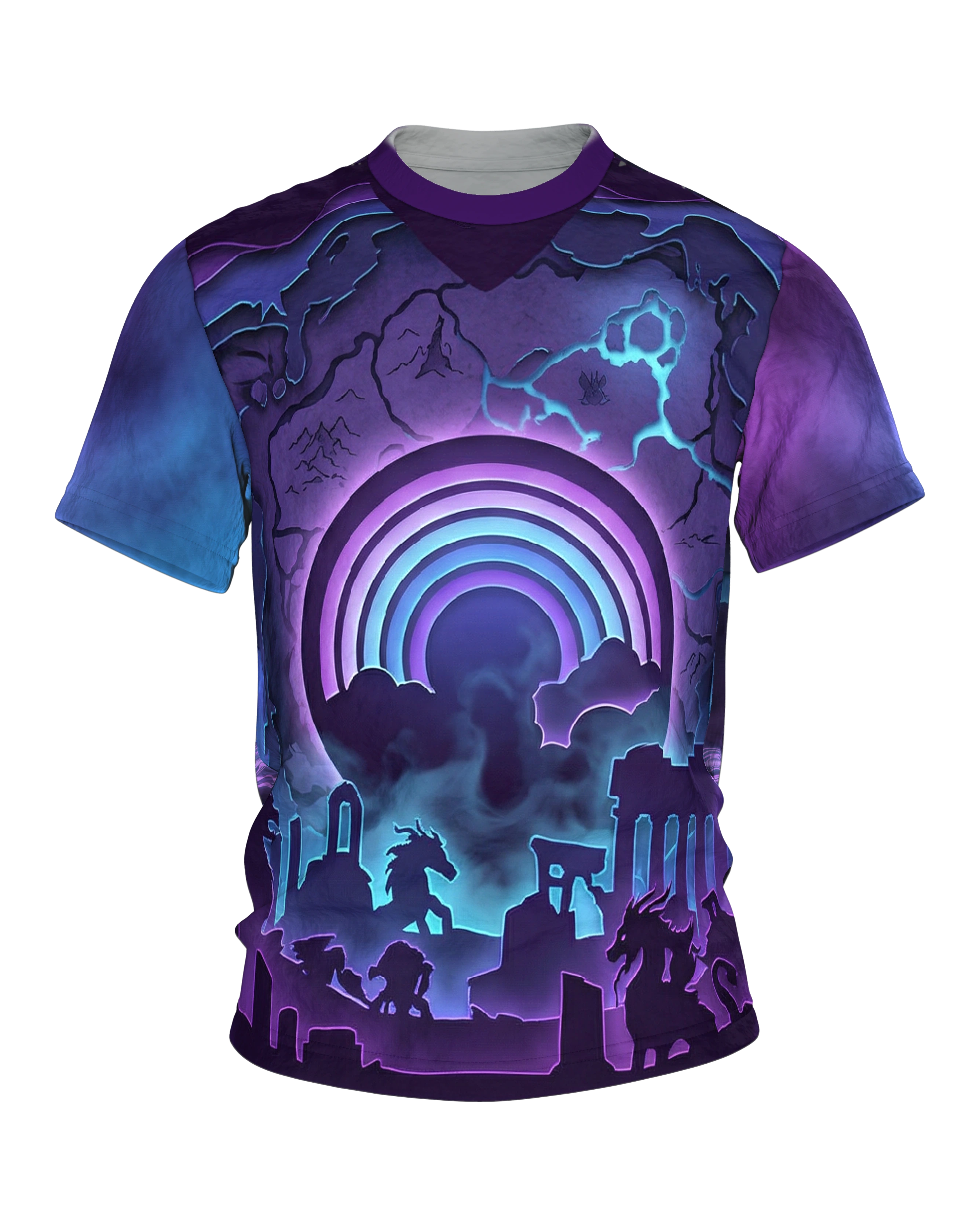 Regenbogen-Portal T-Shirt, Paper-Cut Diorama mit Ruinen und Kreaturen, Beschwörungskreis am Rücken