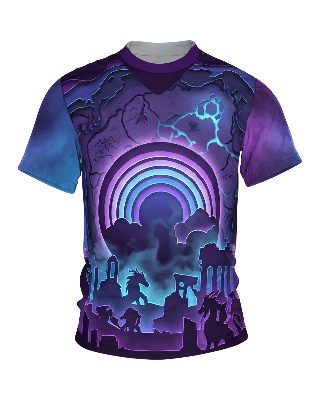 Regenbogen-Portal T-Shirt, Paper-Cut Diorama mit Ruinen und Kreaturen, Beschwörungskreis am Rücken