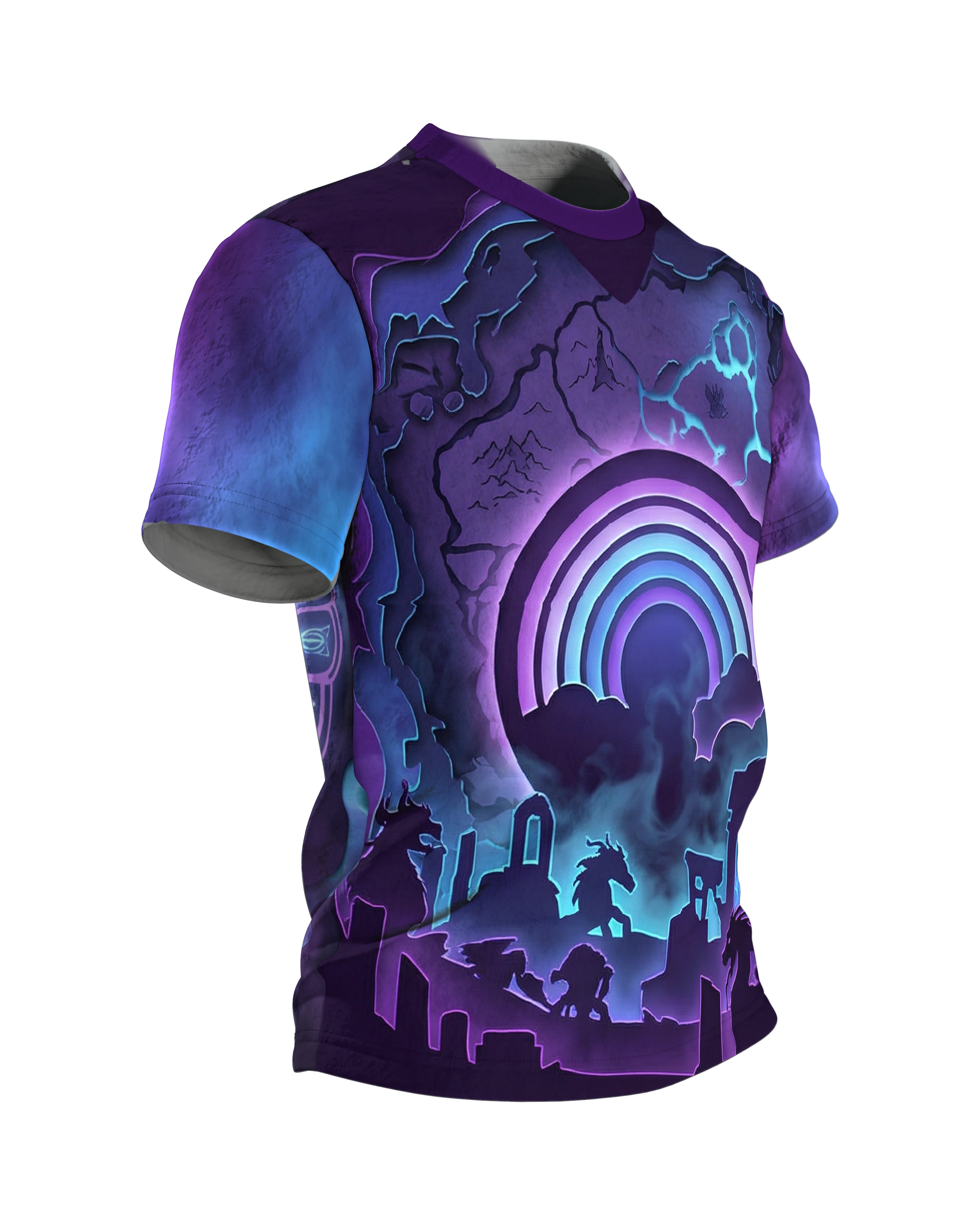 Regenbogen-Portal T-Shirt, Paper-Cut Diorama mit Ruinen und Kreaturen, Beschwörungskreis am Rücken, Seitenansicht links