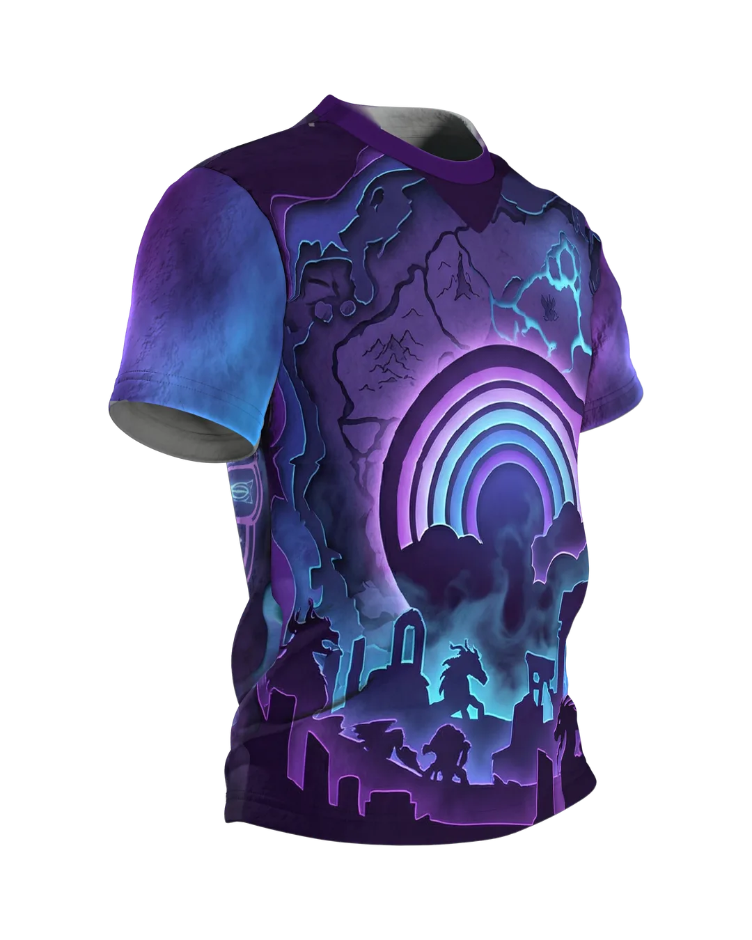 Regenbogen-Portal T-Shirt, Paper-Cut Diorama mit Ruinen und Kreaturen, Beschwörungskreis am Rücken, Seitenansicht links