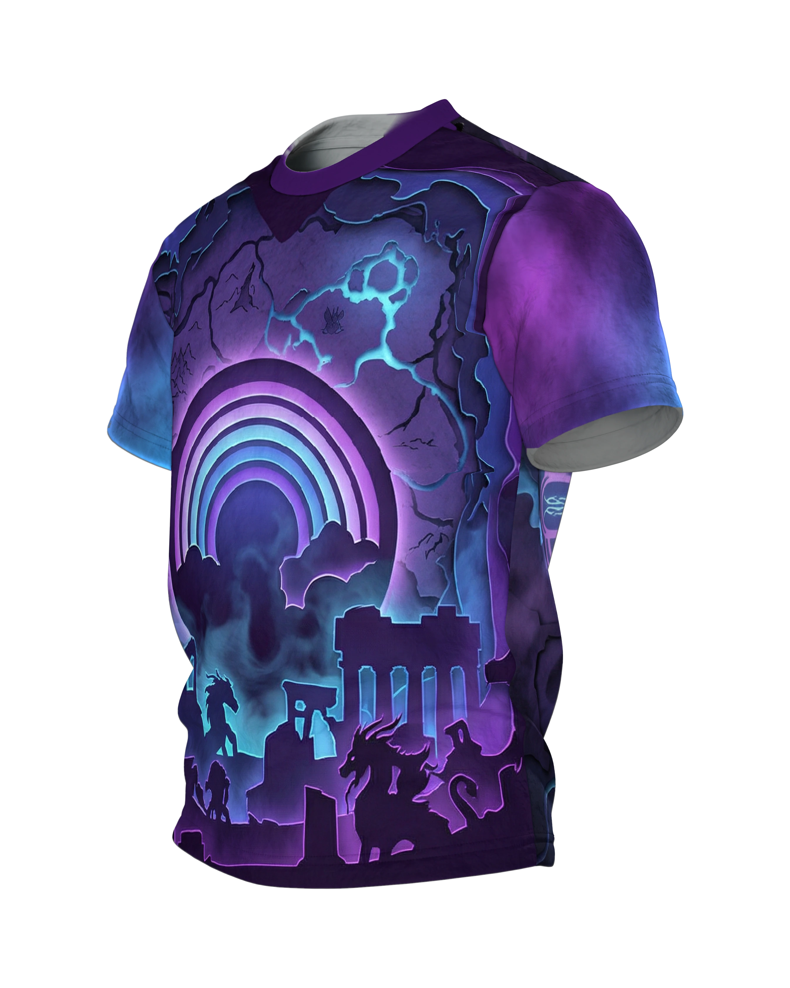 Regenbogen-Portal T-Shirt, Paper-Cut Diorama mit Ruinen und Kreaturen, Beschwörungskreis am Rücken, Seitenansicht rechts