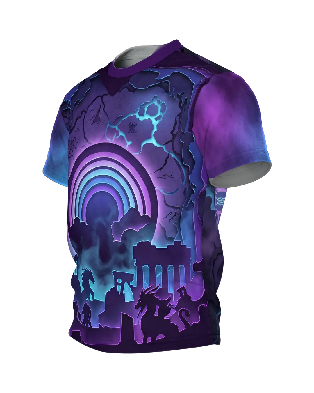 Regenbogen-Portal T-Shirt, Paper-Cut Diorama mit Ruinen und Kreaturen, Beschwörungskreis am Rücken, Seitenansicht rechts
