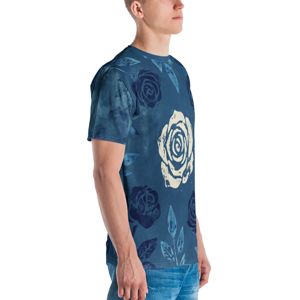 Indigo Wallpaper Tile T-Shirt — Symmetrisches Floral Pattern — Ansicht 6