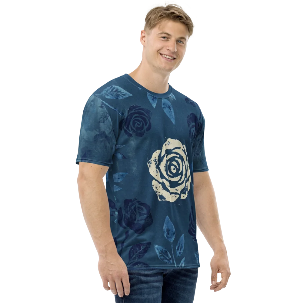 Indigo Wallpaper Tile T-Shirt — Symmetrisches Floral Pattern — Rechter Ärmel
