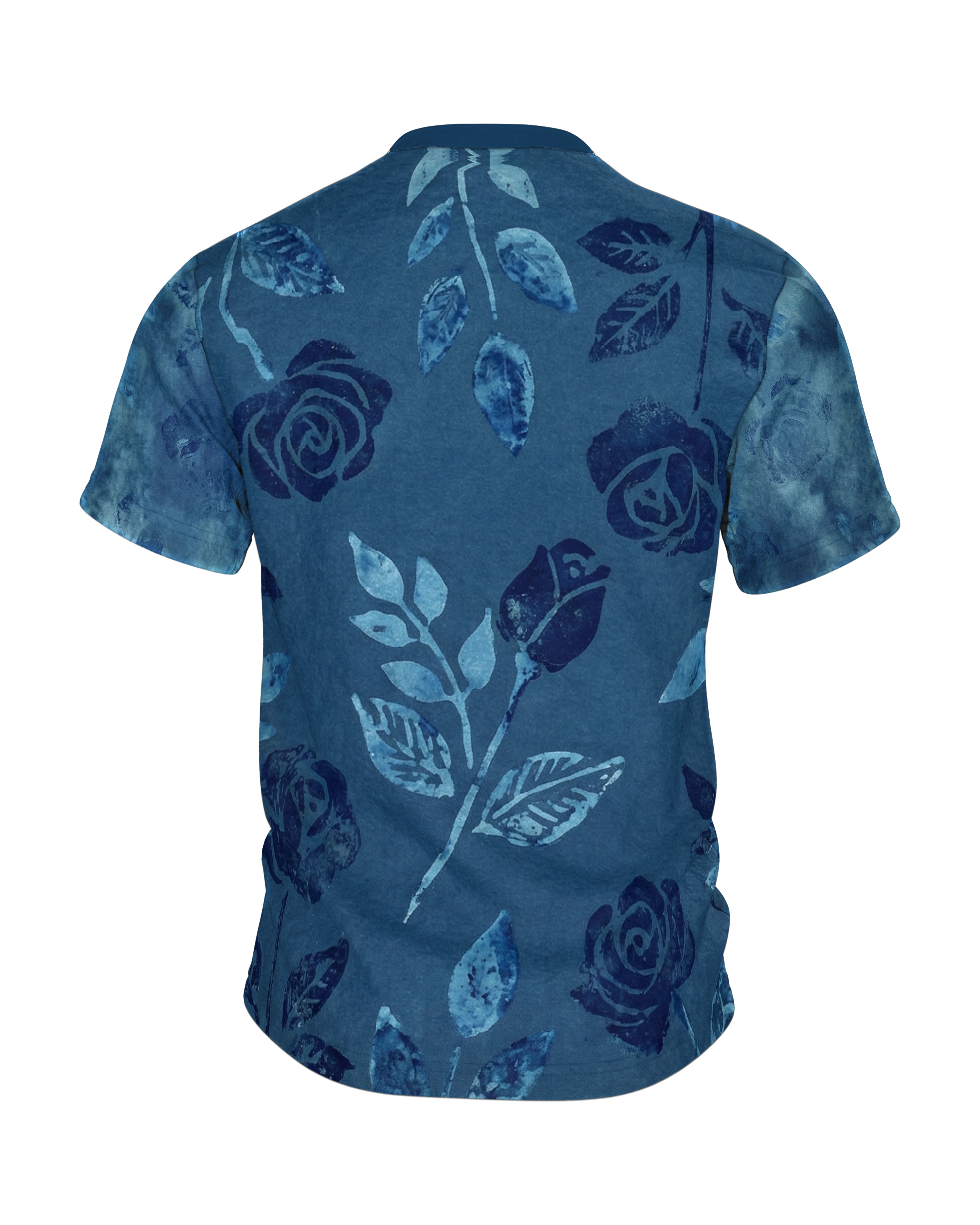 Indigo Wallpaper Tile T-Shirt, Rosen im Handblockdruck-Stil auf Jeansblau, Rückseite