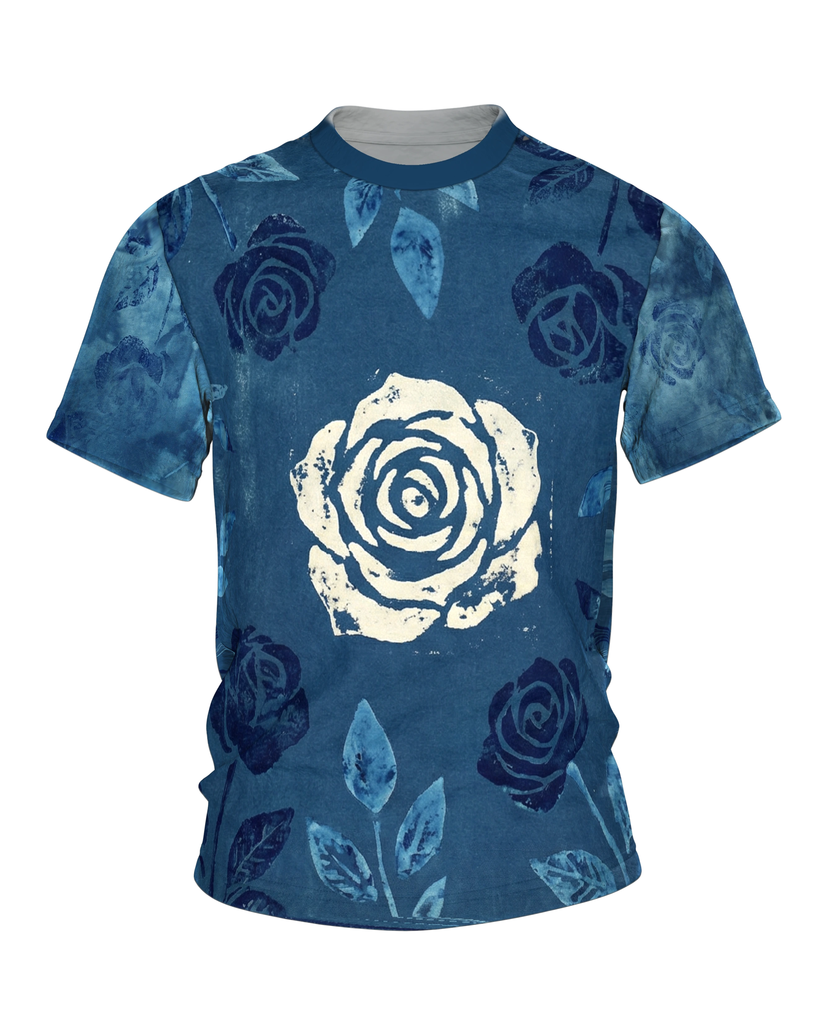 Indigo Wallpaper Tile T-Shirt, Rosen im Handblockdruck-Stil auf Jeansblau