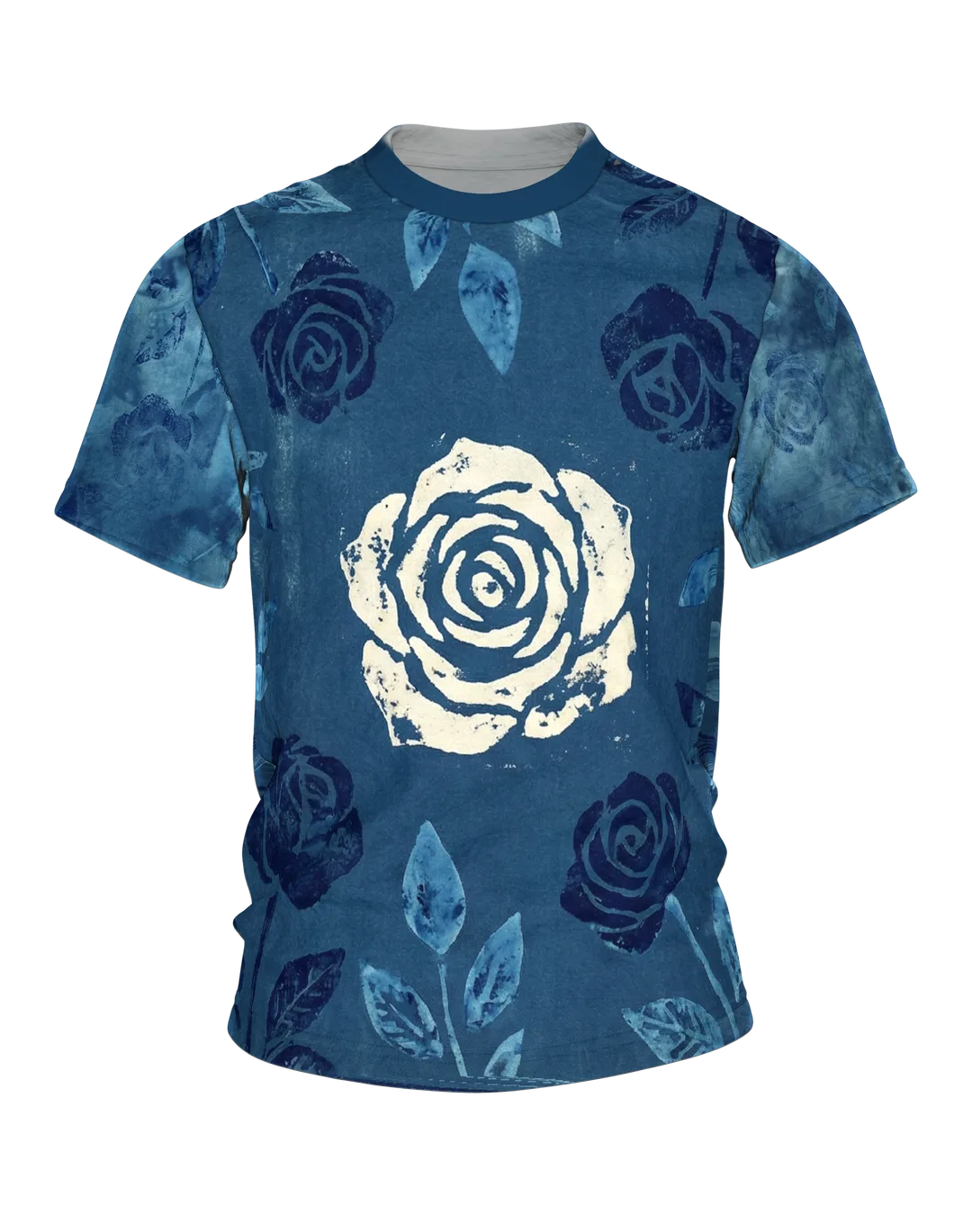 Indigo Wallpaper Tile T-Shirt, Rosen im Handblockdruck-Stil auf Jeansblau