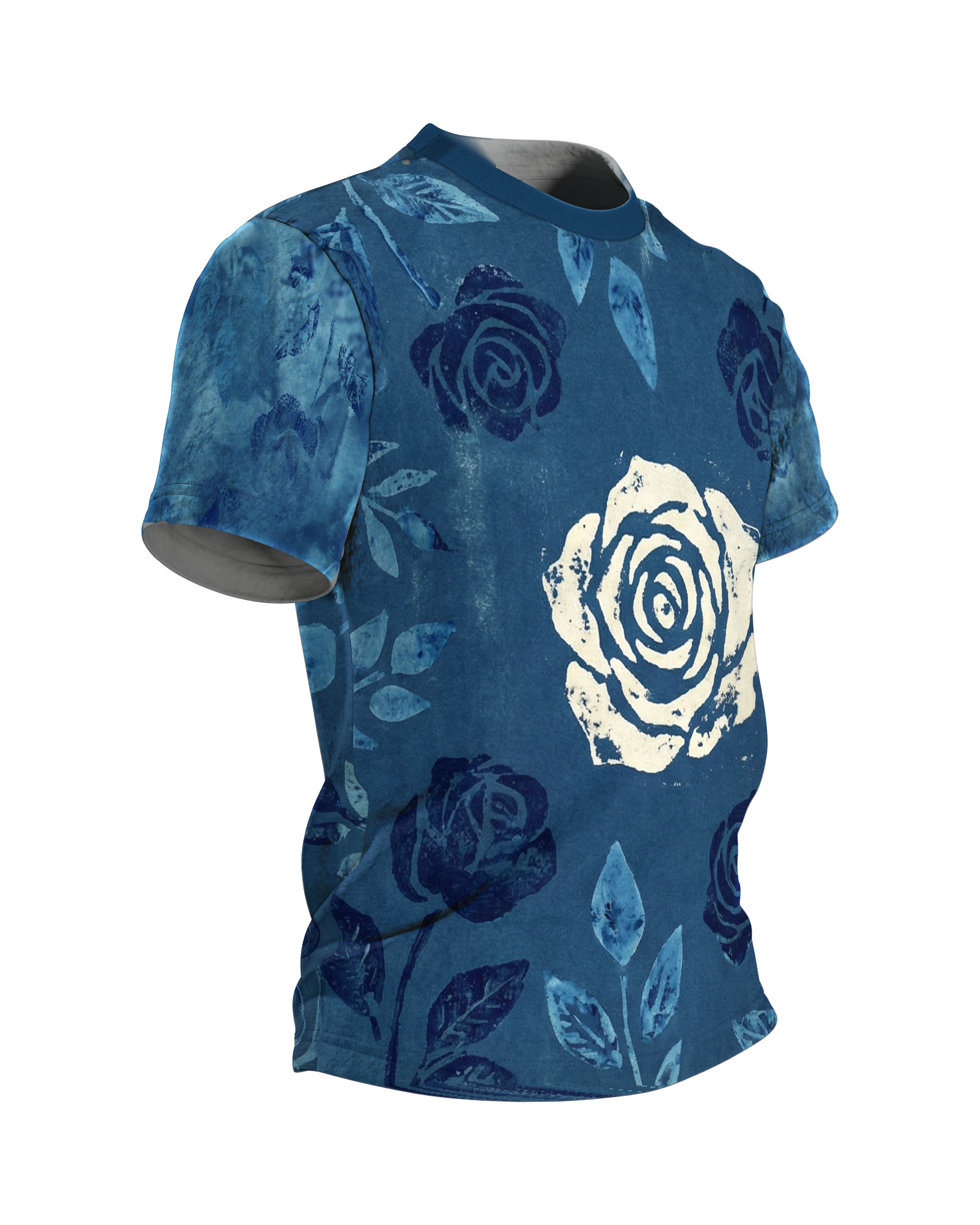 Indigo Wallpaper Tile T-Shirt, Rosen im Handblockdruck-Stil auf Jeansblau, Seitenansicht links