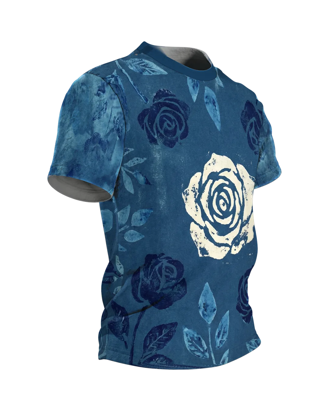 Indigo Wallpaper Tile T-Shirt, Rosen im Handblockdruck-Stil auf Jeansblau, Seitenansicht links